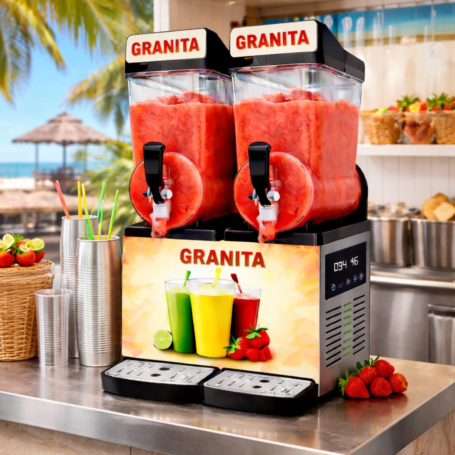Générique Máquina de granizados profesional de 2 tazones, 12 L, 600 W, refrigeración de -2 °C a -3 °C, acero inoxidable, compacta y eficiente, ideal para bares, cafeterías, aperitivos y eventos.