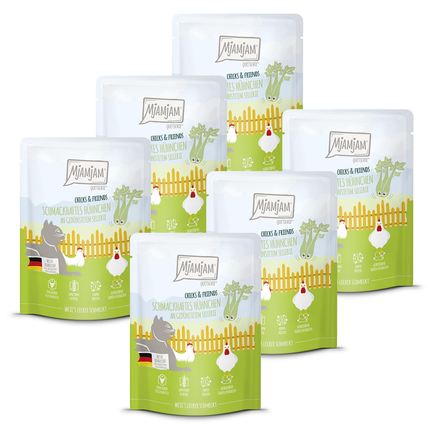 MjAMjAM - Premium wet food for cats - Quetschie - Chicks & Friends flavoursome chicken with steamed celeriac, 6 pack (6 x 300g), grain-free