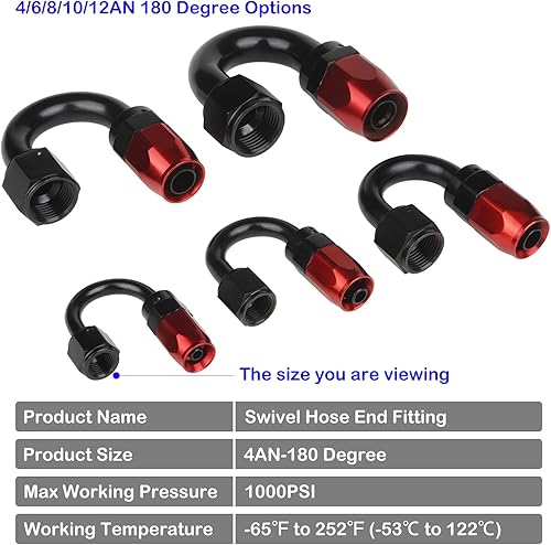 Miniatura 2 de 4AN Adaptador de tubo de aceite de montaje de extremo de manguera giratoria de 180 grados para manguera trenzada de línea de combustible CPE negro y