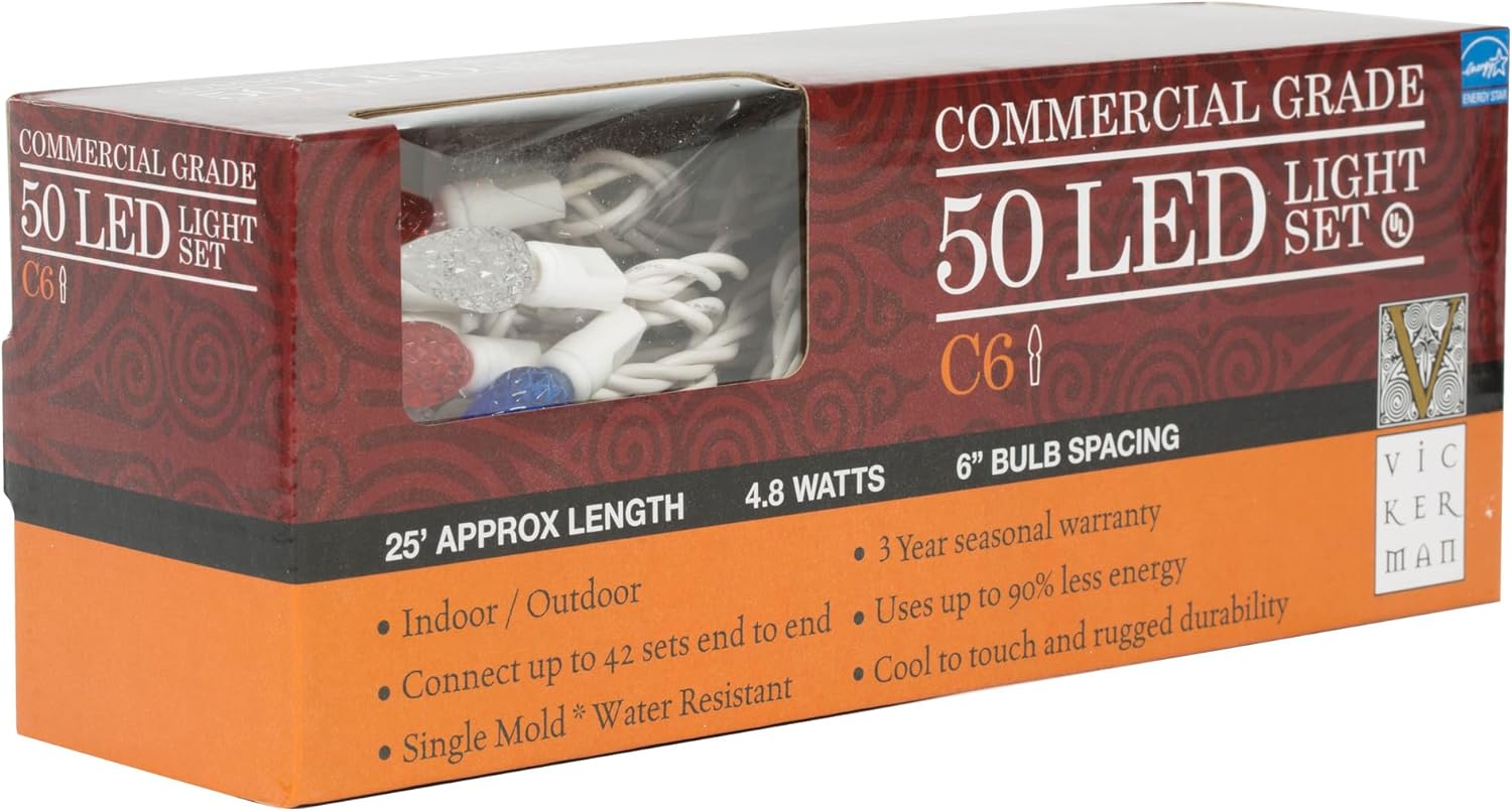 Vickerman 50 Red-White-Blue C6 LED Light on White Wire, 25' Christmas Single Mold Light Strand