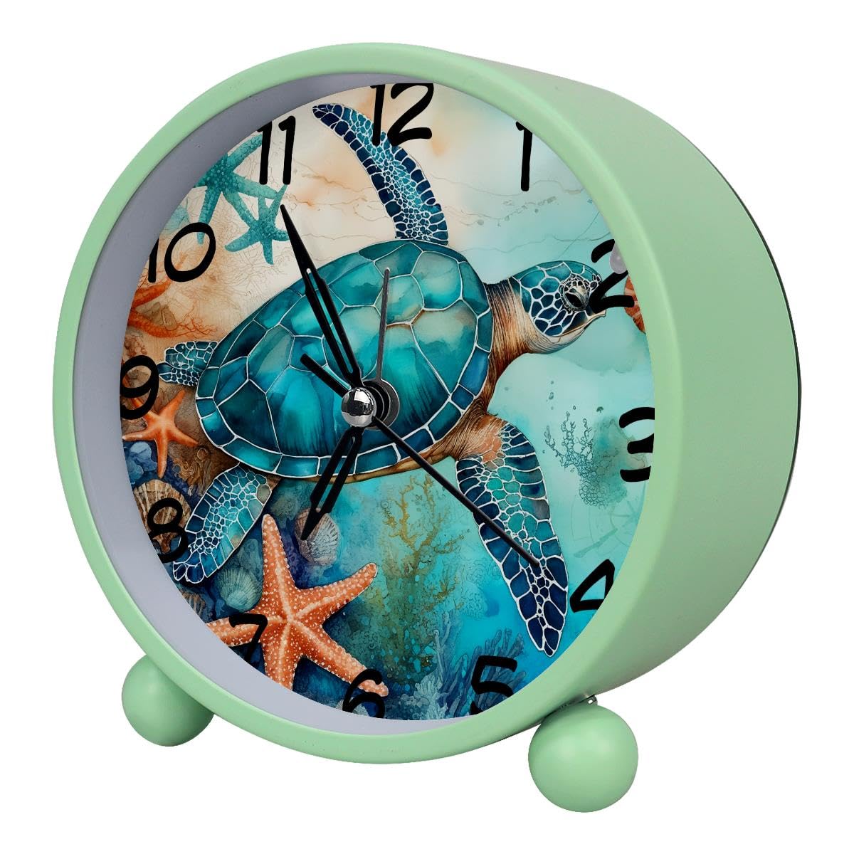 Luoweisi Analog Alarm Clock Turtle Starfish, Silent Non-Ticking with Night Light, Battery Operated, Round Desk Alarm Clock for Office, Bedroom, Elderly, Adults, Children, Student Gifts