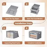 Yecaye 4 Pack Clothes Storage Bins with Metal Frame, 40L Foldable Storage Bin for Clothes, Stackable Metal Frame Storage Box with Lid, Linen Fabric Box Organizer with Clear Window & PU Handles,Grey