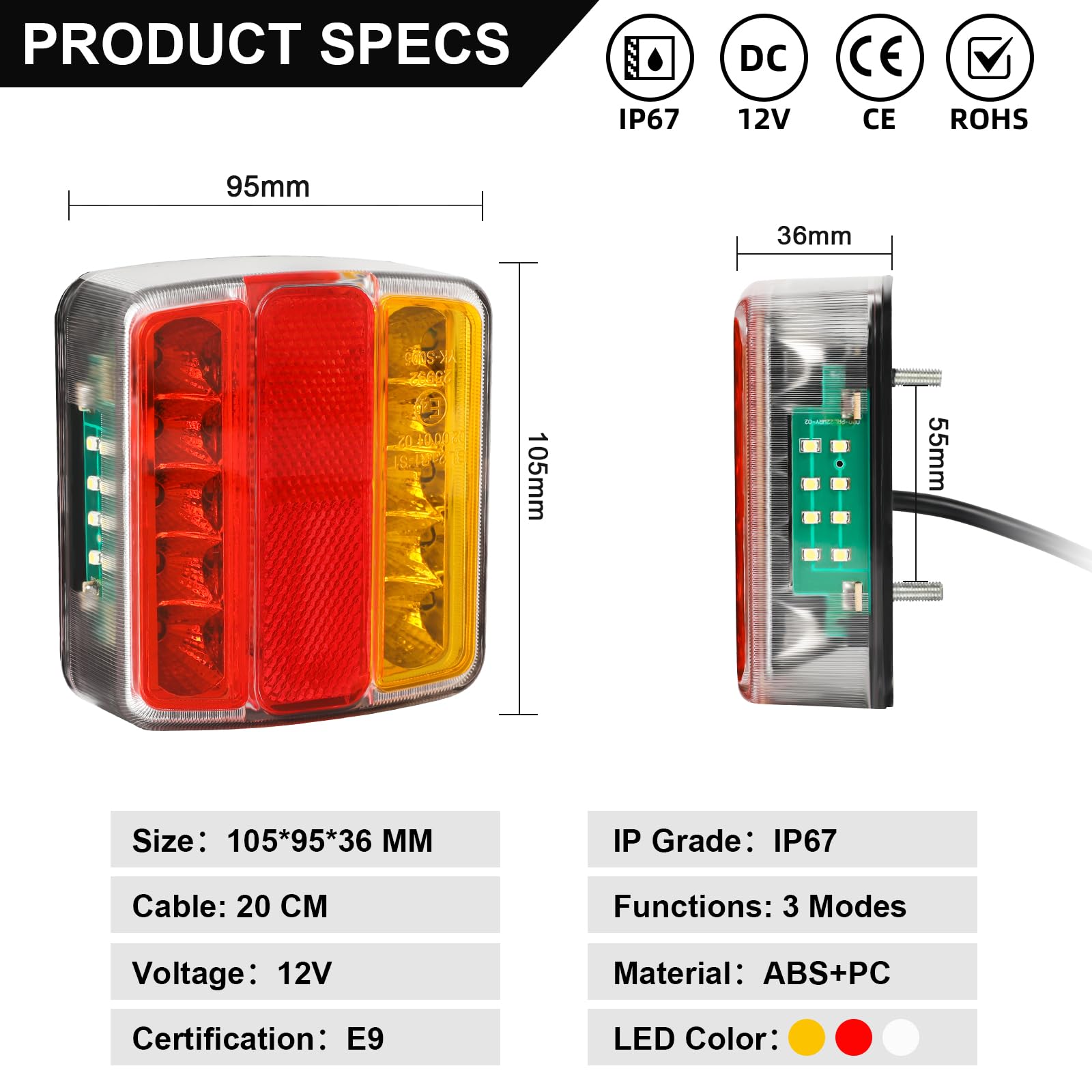 2 Pcs Feu de Arriere Remorque LED 12V avec E-Mark, 5 Fonctions - Feux Stop, Feux Position, Clignotant, Feux Plaque d'immatriculation, Catadioptre