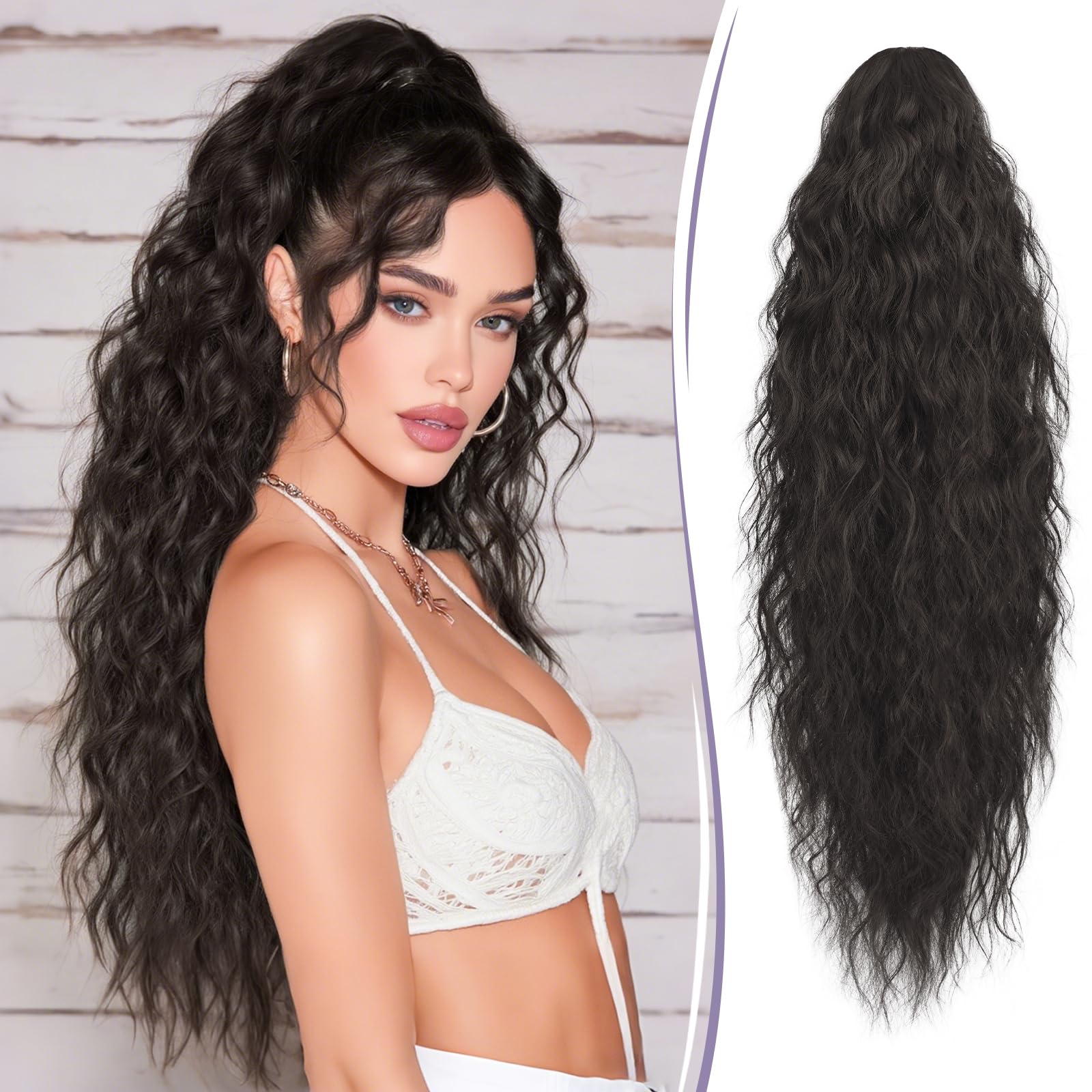 RUWISS Coda Capelli Extension con Pinza - Coda Finta Capelli Ricci Ondulati 76 cm Extension Capelli Coda Lunga Sintetici Coda di Cavallo per Donne, Marrone Nero