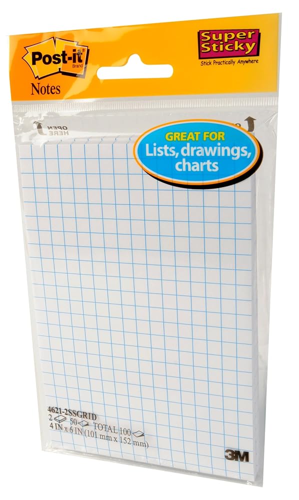 Post-it Super Sticky Notes, 4 in x 6 in, 2 Pads, 2X the Sticking Power, White with Blue Grid Lines, Recyclable (4621-2SSGRID)