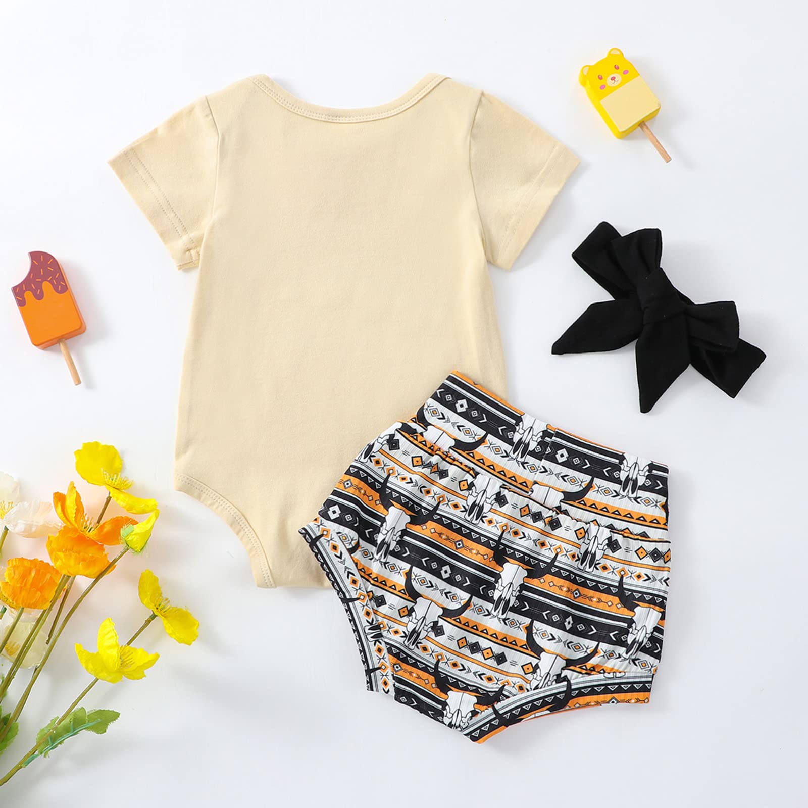 BOIBOKOKO Western Baby Girl Summer Clothes Letter Print Short Sleeve Romper Tassel Cow Short Headband Nweborn Outfits (Apricot, 6-12 Months)