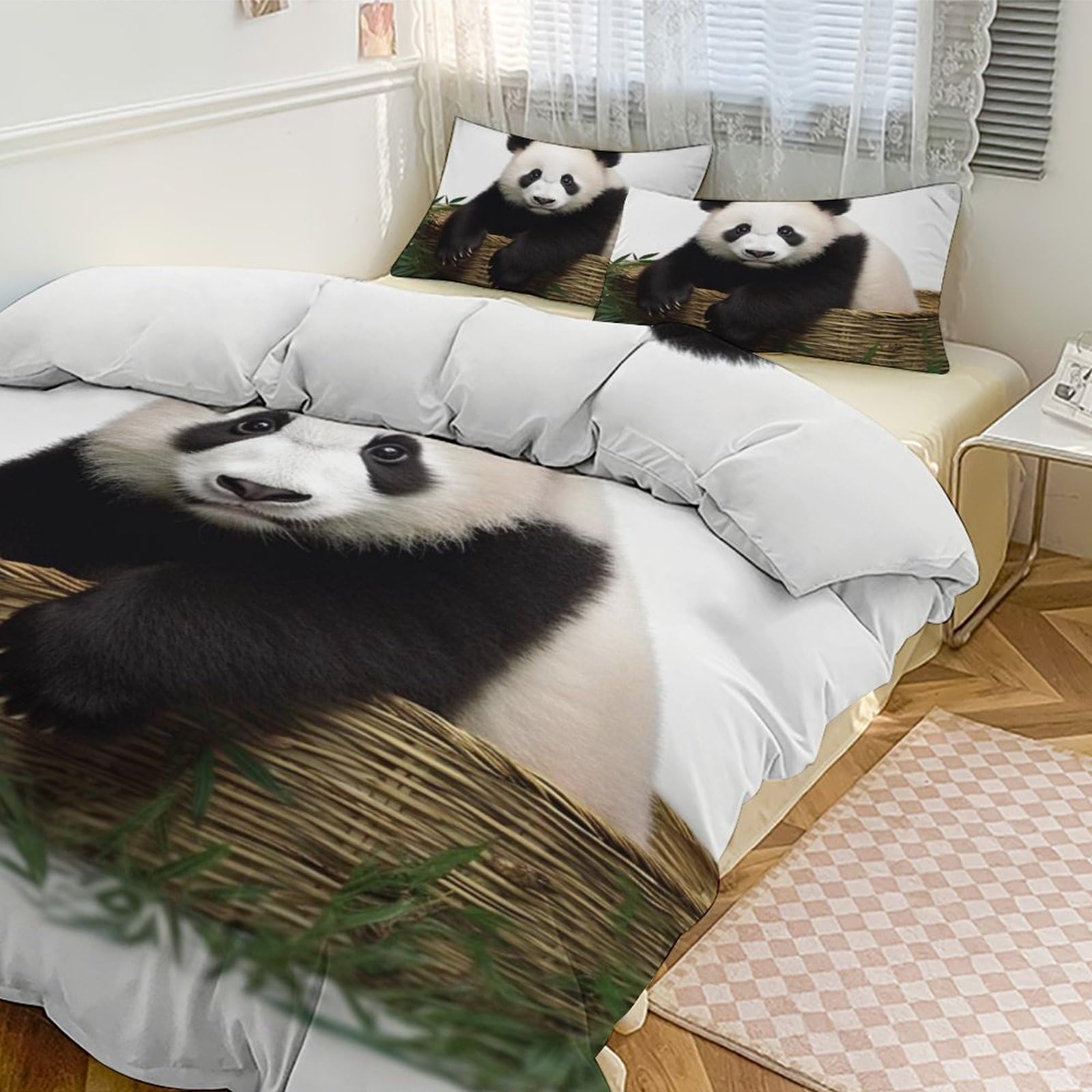 Housse de couette grand lit anti-transpiration 3 pièces motif panda étoiles