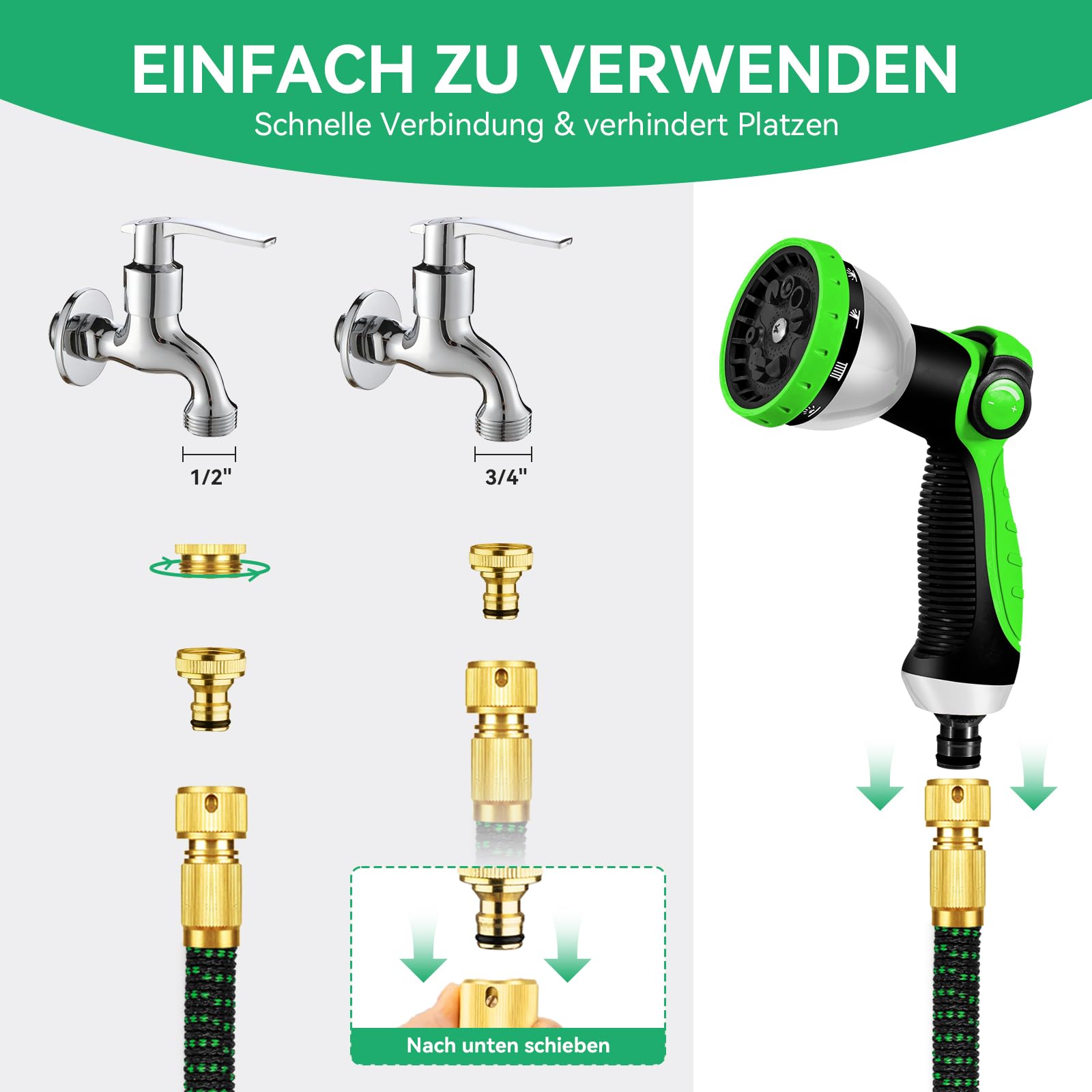 Yofidra Flexibler Gartenschlauch 15m, Strapazierfähiger 3 lagiger Latex Wasserschlauch 3/4 Zoll und 1/2 Zoll Metallanschlüsse, 3450D-Gewebe, knickfrei, Garden Hose Schlauch mit 10-Funktions-Spray