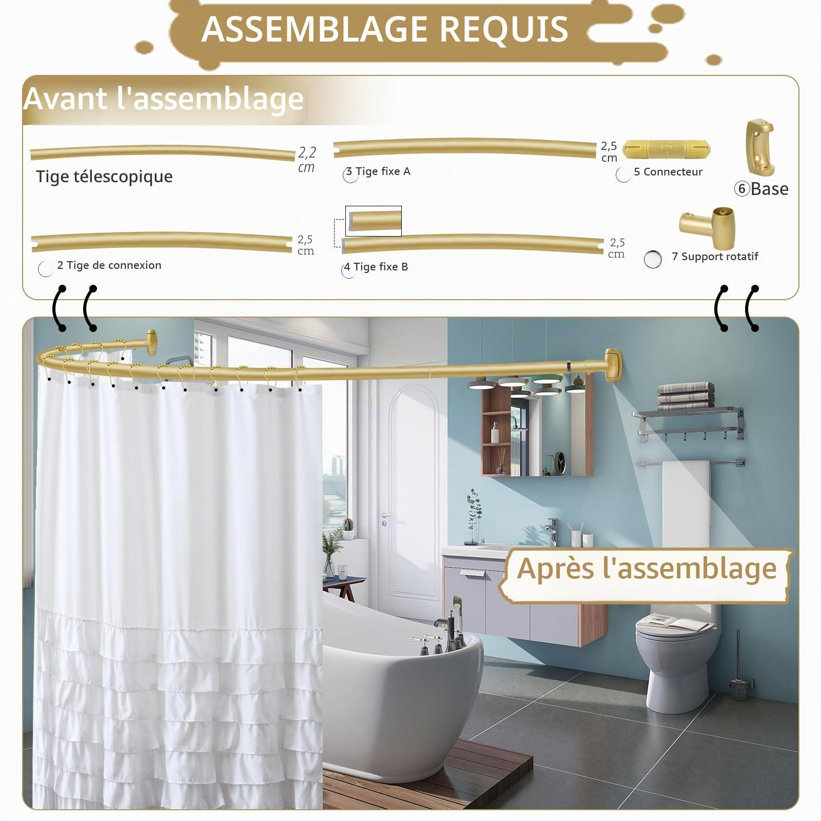 YNL Tringle à rideau de douche incurvée de 90 à 208 cm (2,5 à 2,5 m), ronde dorée et antirouille, pour salle de bain, baignoire, réglable, ne rouille pas, espace supplémentaire, antidérapante