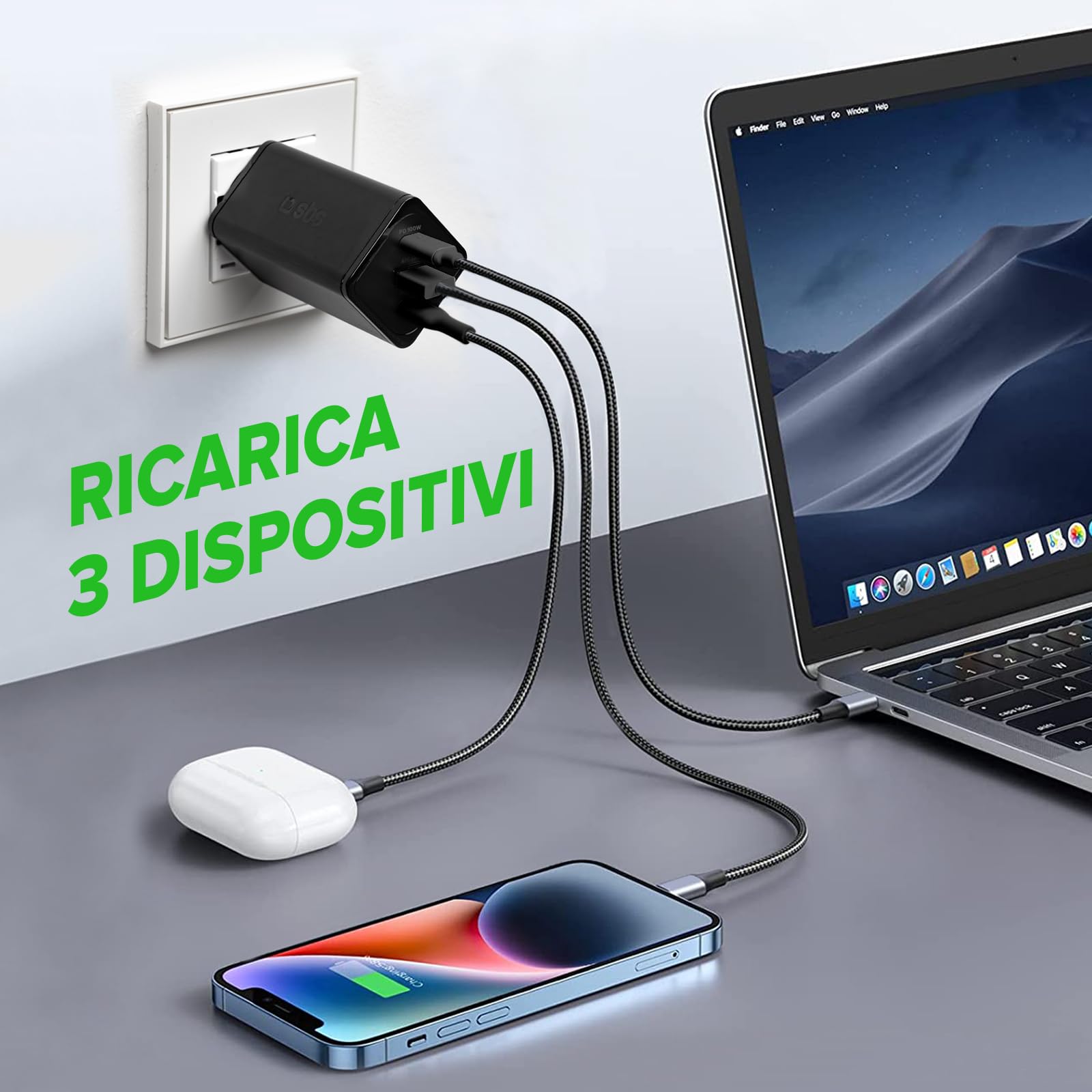 SBS Alimentatore Slim USB-C 100W, Tecnologia GaN, Power Delivery (PD), Ricarica Rapida, Adaptive Fast Charge (AFC), Caricatore iPhone, iPad, MacBook Air, Samsung, Tablet, Smartphone, Notebook, Nero