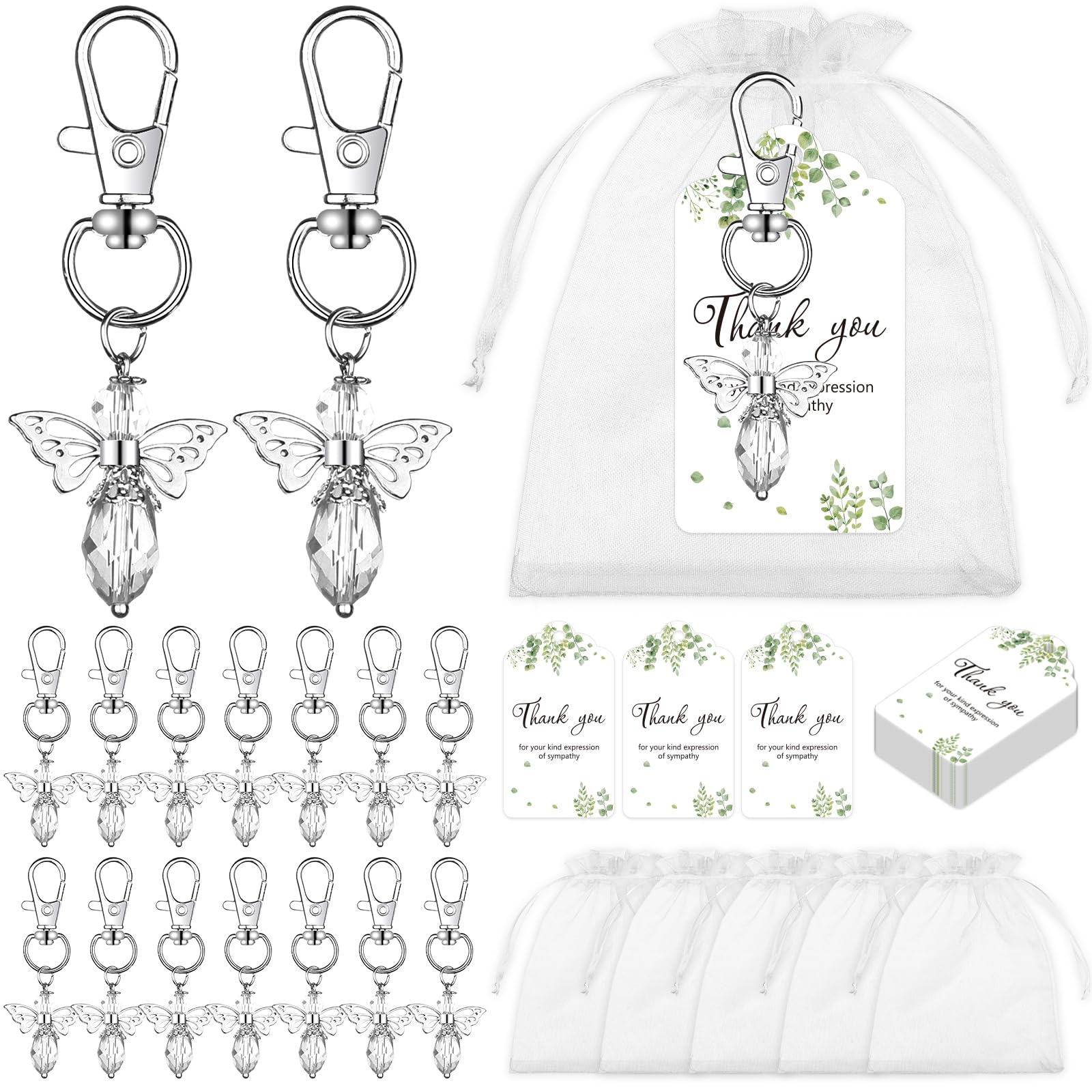 Aoesuny 30 Sets Guardian Angel Keychains Bulk Sympathy Gift Set Funeral Gifts Angel Favors with Organza Bags Thank You Cards for Funeral Return Memorial Baptism Celebration of Life Party Favors