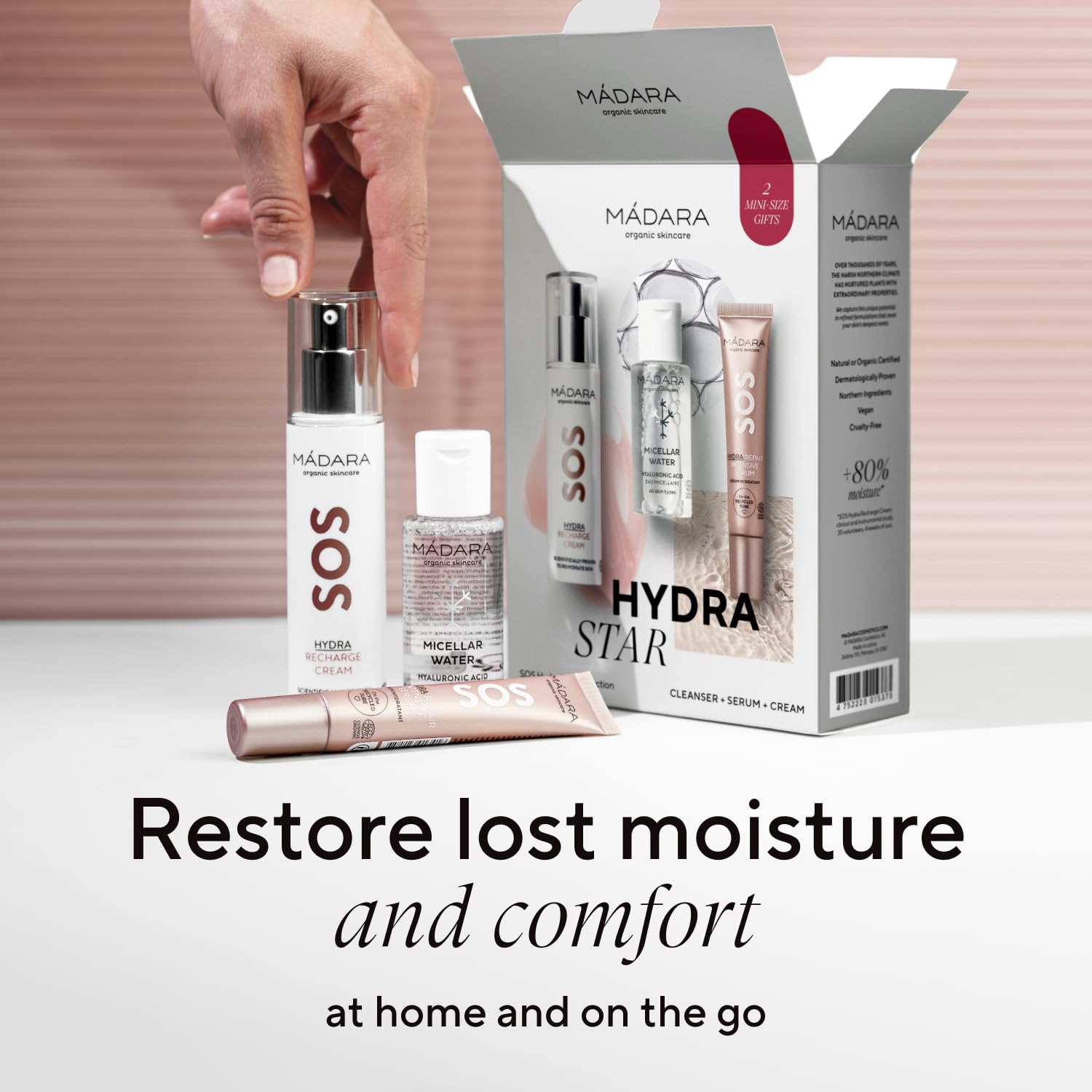 MÁDARA SOS HYDRA Star Collection Set – 3-teiliges Hautpflege Geschenkset mit Mizellenwasser 50 ml, Hydra Repair Serum 20 ml & Recharge Cream 50 ml – Feuchtigkeit & Pflege