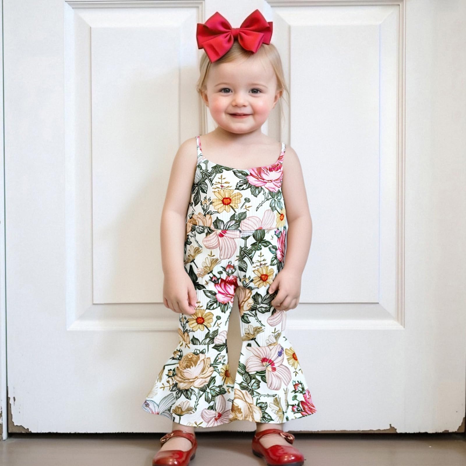 Emmababy Toddler Girl Bell Bottom Romper Baby Floral Suspender Pants Ribbed Jumpsuit Backless Flare Overalls Summer Playsuit(floral,12-18 Months)