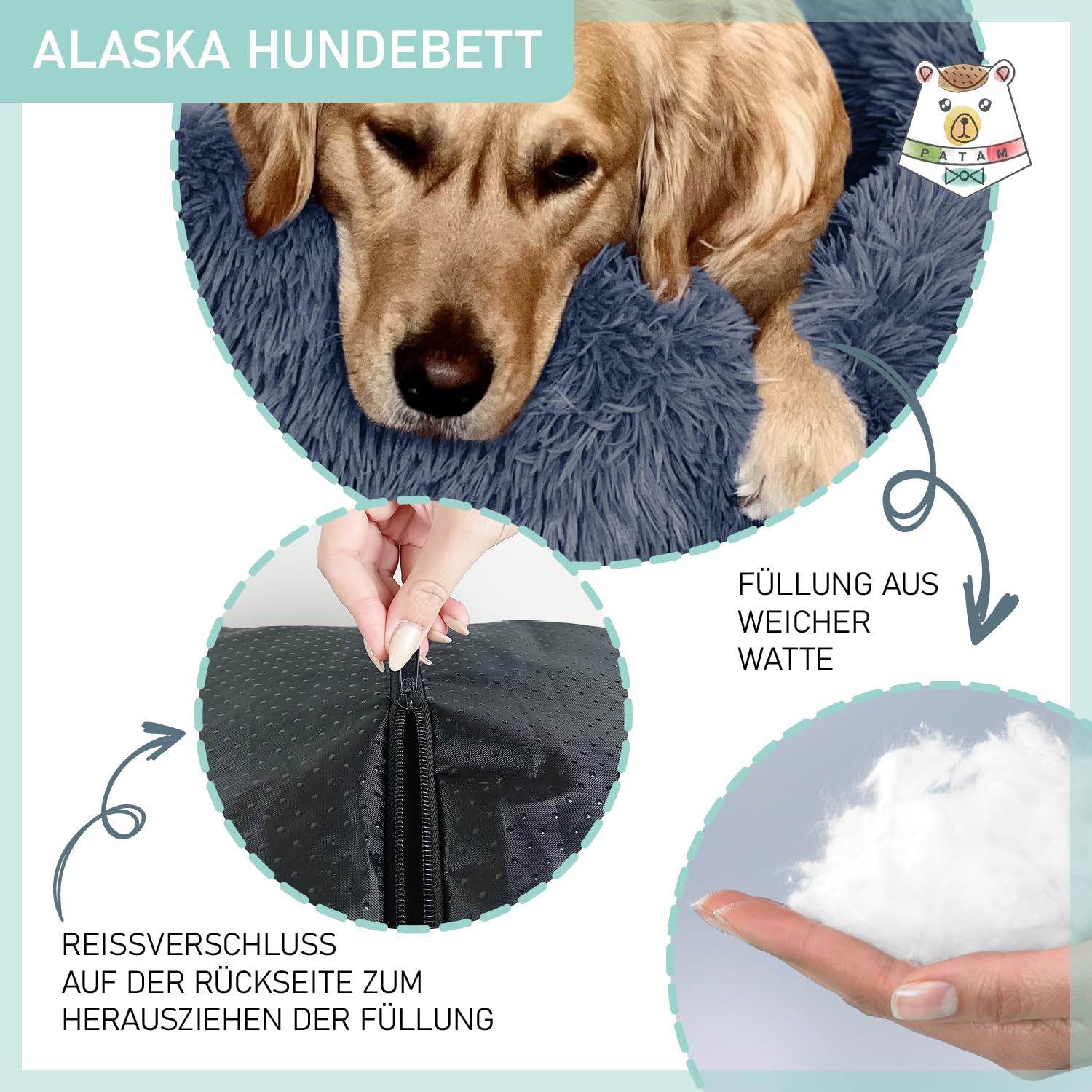 Hundebett aus Plüsch für Hunde und Katzen, Abnehmbarer Bezug, rutschfest, maschinenwaschbar - Alaska Blau, Large 71 cm