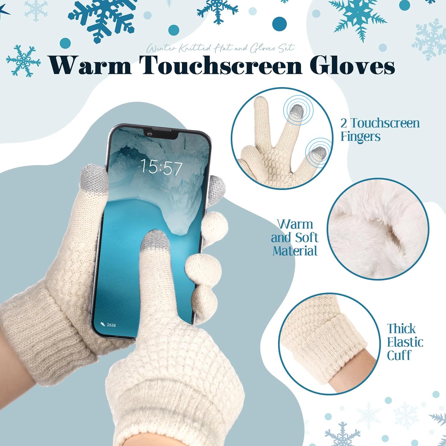 Womens Winter Fleece Lined Knitted Beanie Hat Glove Set, Warm Pom Pom Beanie Knit Cap Touchscreen Gloves for Women - Image 6