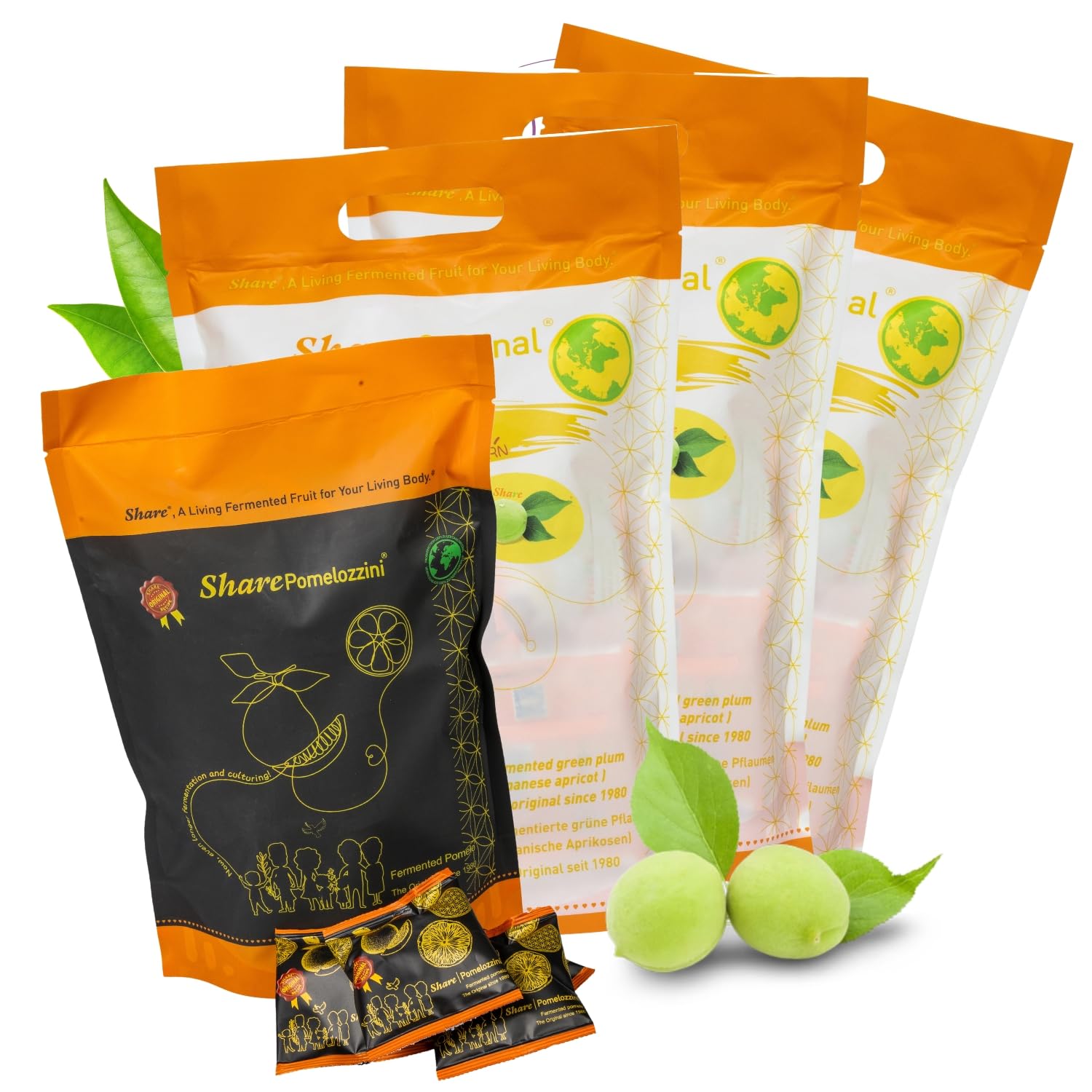 ShareSwiss Fermented Fruit Bundle – 3× Share Original 1.1 lb Fermented Green Plum (Japanese Apricot, 30+ Months) & Pomelozzini 0.375 lb Fermented Pomelo | Naturally Crafted, Vegan Premium Set