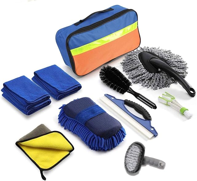 ANGNYA Car Wash Cleaning Kit With Storage Bag Professional 11Pcs Car Cleaning Tools With Sponge,Window Water Blade Brush, Water Absorption Towel, Microfiber Cloths, Double Head Duster, Tire Brush