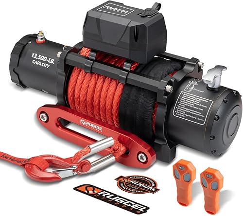 Rugcel Winch - Cabrestante eléctrico de cuerda sintética, impermeable, de 13,500 libras, guiacabos con escobén, mango con cable y 2 controles