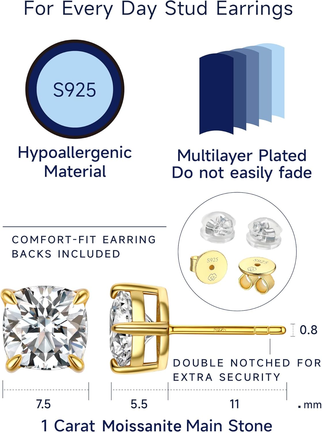 MomentWish 14K Gold Plated Stud Earrings, Birthday Gifts for Women, 1-2 Carat Moissanite Earrings, Lab Created Diamond Earring, Yellow/Rose Gold Plated 925 Sterling Silver Earring Jewelry Women Men - Image 7