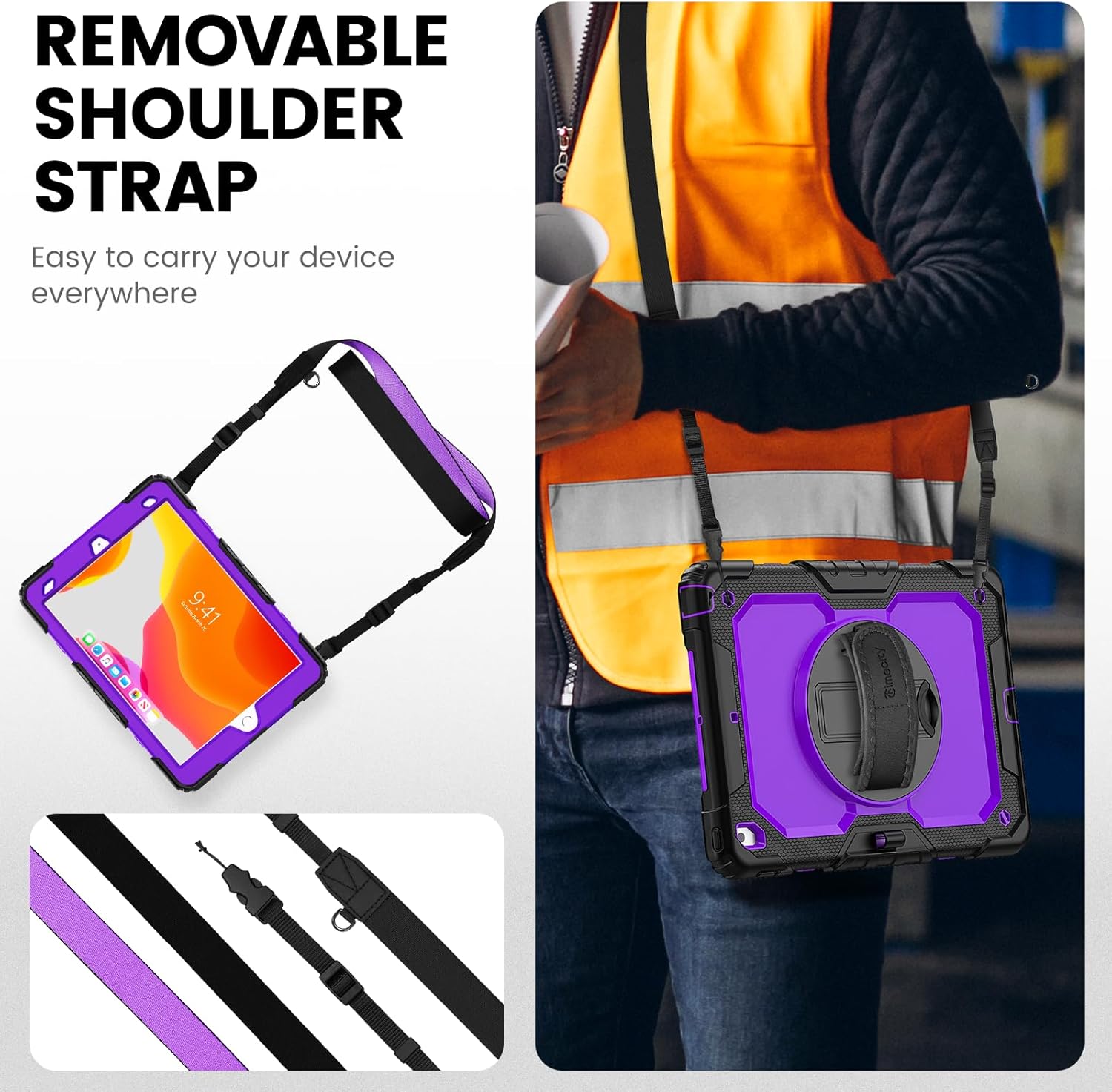 Timecity Case for iPad 9th/ 8th/ 7th Generation 10.2 inch - Heavy Duty Protective Cover with Screen Protector, Rotating Stand, Shoulder Strap & Pencil Holder | Kids-Friendly (Purple)