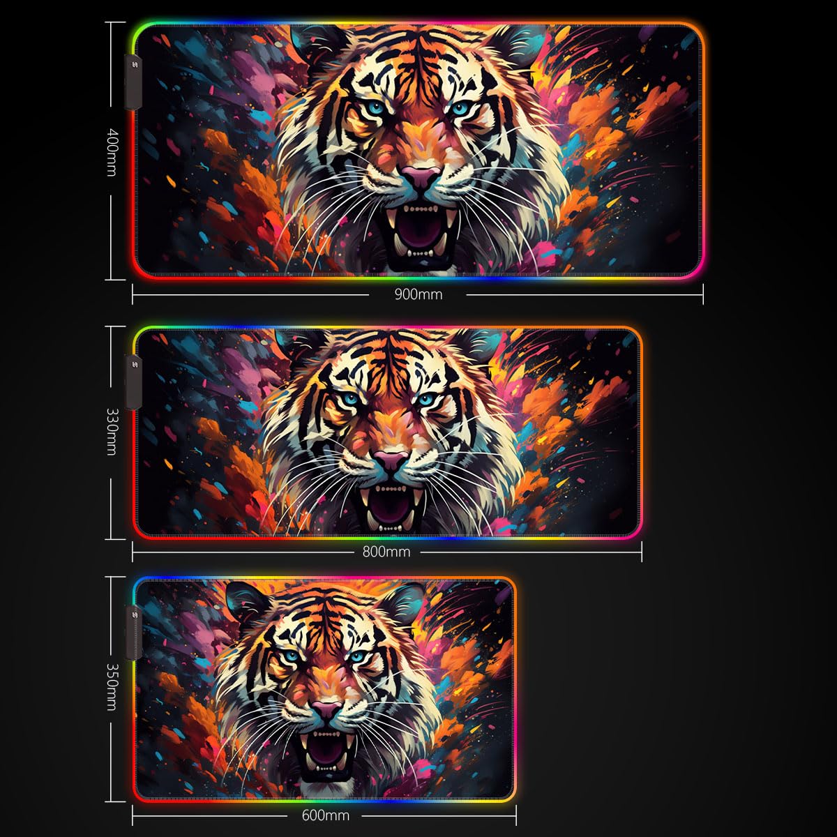 Tappetino per mouse, tappetino per mouse da gioco, fantasia animale, tigre, LED, tappetino per mouse di grandi dimensioni, tappetino per mouse da gioco grande (60 x 35 x 0,3 cm) per gamer, ufficio