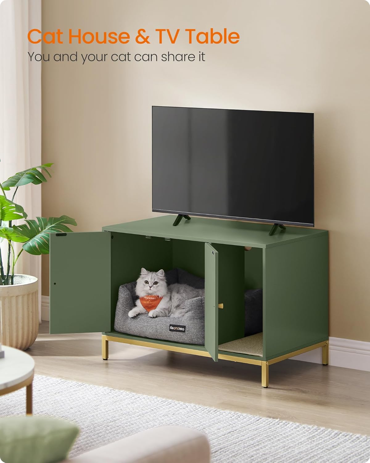 Feandrea Cat Litter Box Enclosure, Hidden Litter Box Furniture with Scratch Pad, Front Entry, Double Cabinet Doors, Modern Style, 31.5" Cat House Washroom Side End Table, Forest Green and Gold