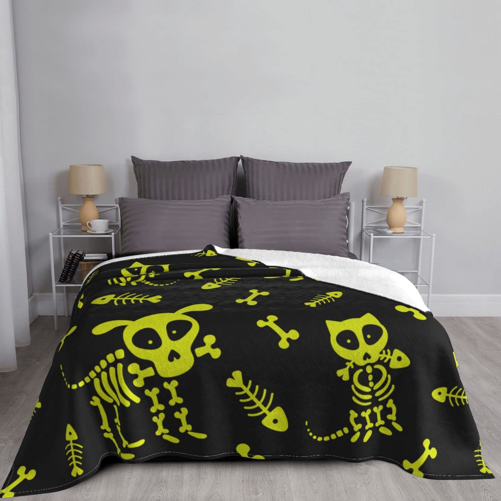 Drôle Chat Chien Squelette crâne os Mignon Doux jeté Couverture Polaire floue Confortable Doux Flanelle Peluche Confort Chaleur pour lit canapé canapé Toutes Saisons Utilisation 80"x60"