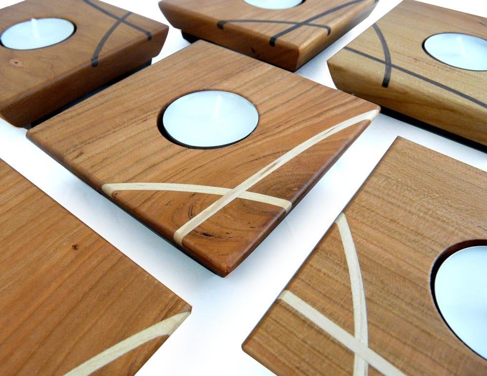 American Made Inlaid Cherry Wood Tea Light Candle Holder (Maple Inlay)