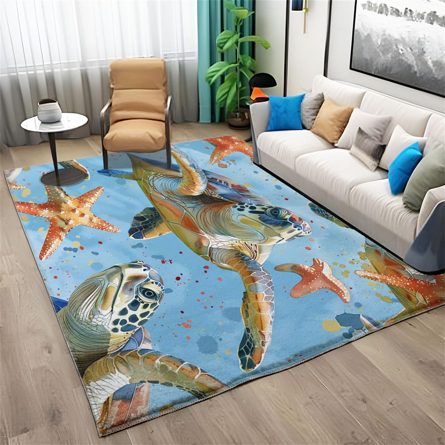 Tapis de Décoration ThèMe éToile de Mer Aquarelle Tortue de Mer, 120 x 170 cm Antidérapant à Poils Courts Doux Tapis, Multi Moquette de Chambre à Poils Ras, Paillasson Intérieur - pour Salon