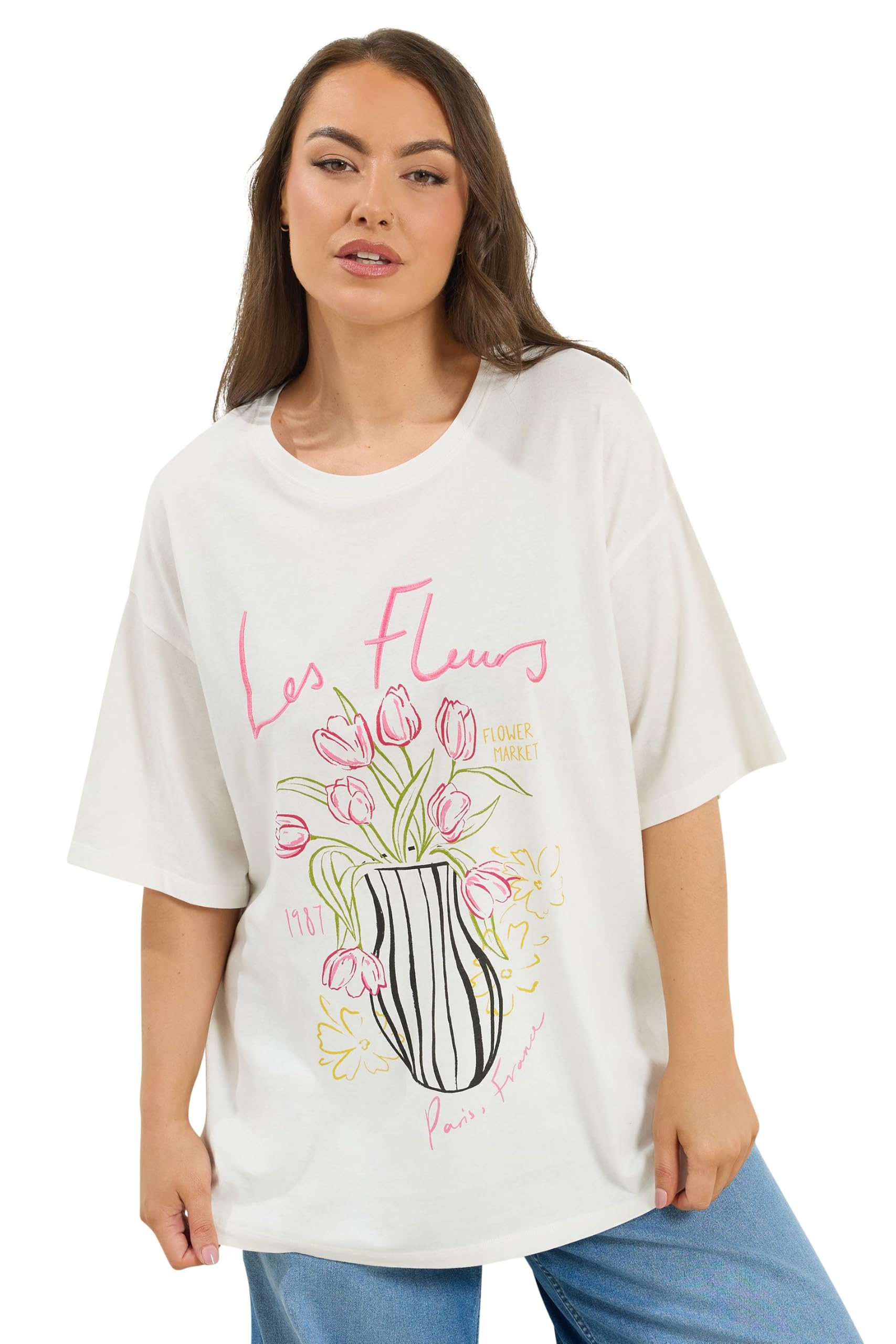 Yours Women's White 'Les Fleurs' Embroidered Relaxed T-Shirt In | Size: 26-28