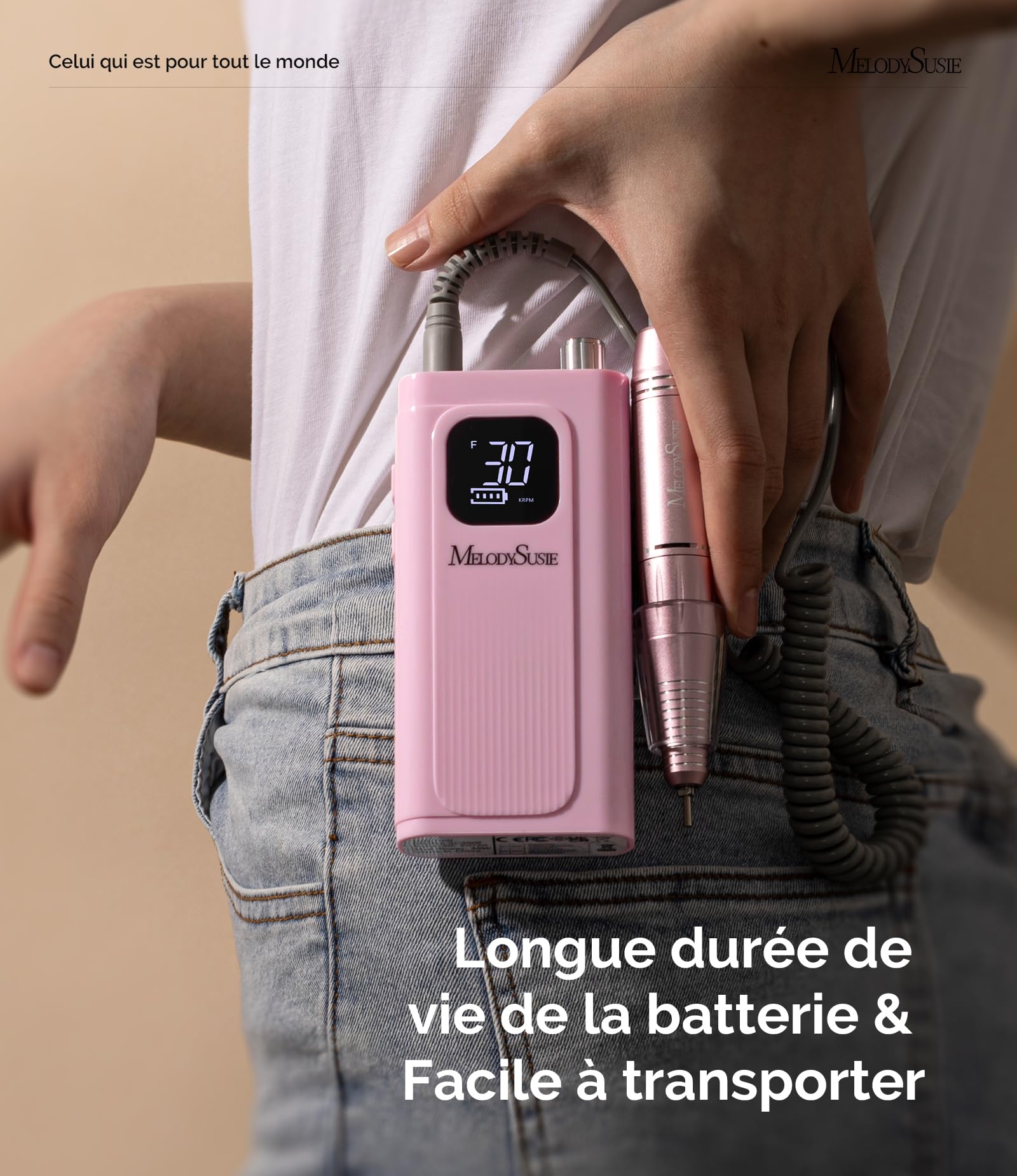 MelodySusie SC300F Professionnel Ponceuse pour Ongles à Clip, Rechargeable Sans Fil Lime à Ongle Electrique 30000 tr/min, avec LCD écran et Vitesse Réglable, pour Salon