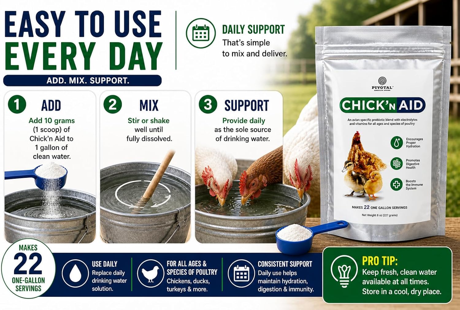 Pivotal Feeds Chick’n Aid Poultry Supplement 8 oz – Electrolytes, Probiotics & Vitamins for Chickens, Ducks & Turkeys | Supports Hydration, Gut Health & Immune Function | Made in USA