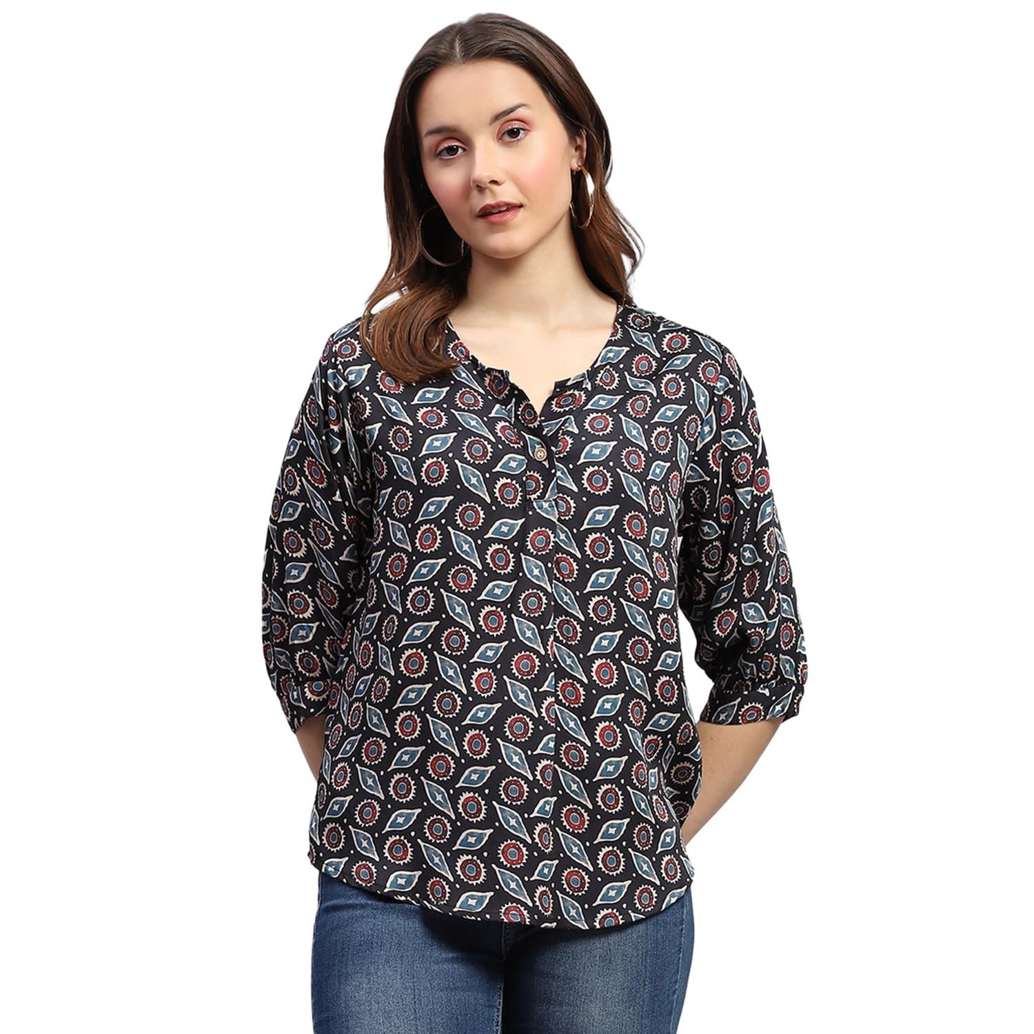 monte carlo Womens Printed V Neck 3/4th Sleeve Regular Fit Top (224065534)-picture-44
