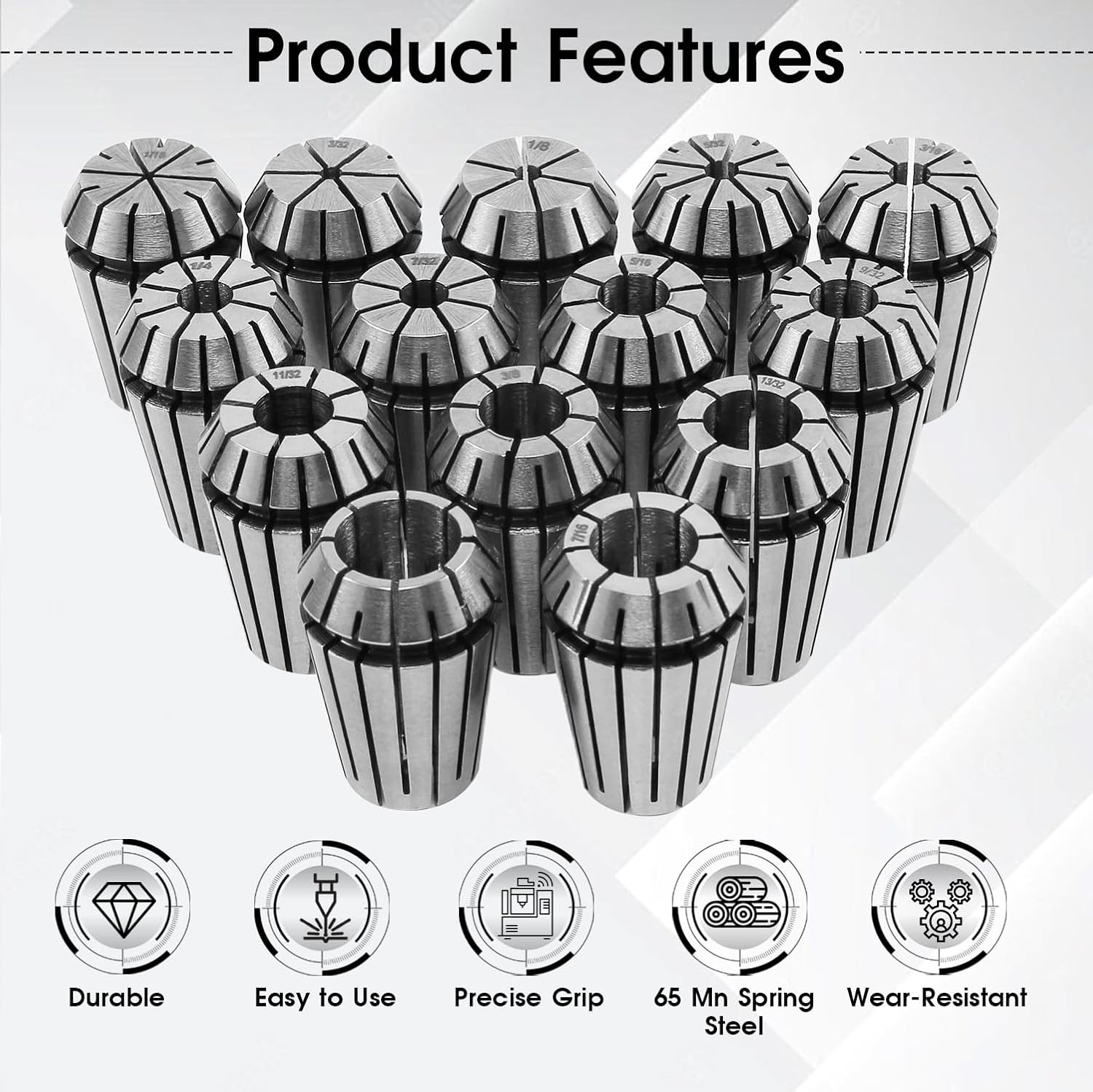 ER20 Spring Collet Set, 14-Pieces 65Mn Spring Steel Precision Router Collets for CNC, Milling, Engraving & Lathe Tool(1/16" 3/32" 1/8" 5/32" 3/16" 7/32" 1/4" 9/32" 5/16" 11/32" 3/8" 13/32" 7/16" 1/2")