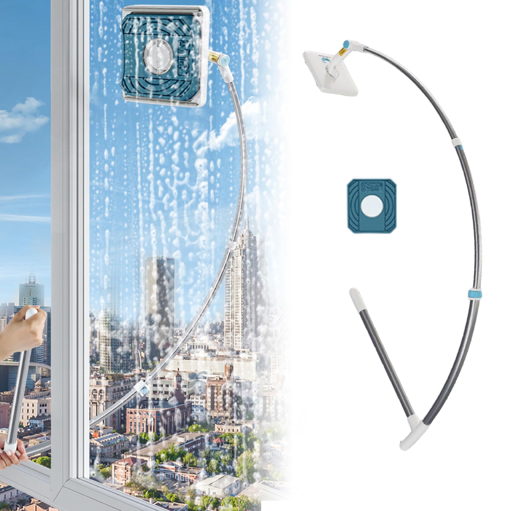 Herramienta de limpiador de ventana exterior, limpiador de ventanas extensible 2 en 1 con cabezal giratorio de 360 ​​°, limpiador al aire libre extraíble, limpiador de ventanas de doble cara