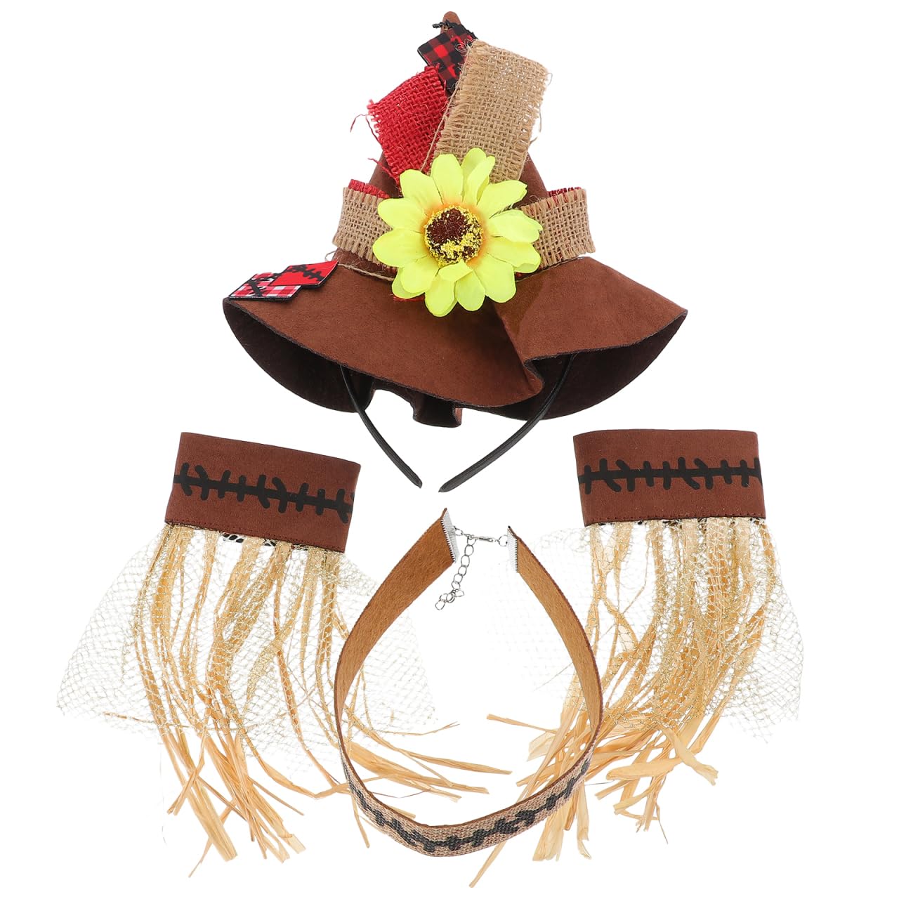 SAFIGLE Halloween Cosplay Straw Decoration Set 4Pcs Including Straw Hat Wristbands and Fabric Necklace for Adults Carnival Party Accessories