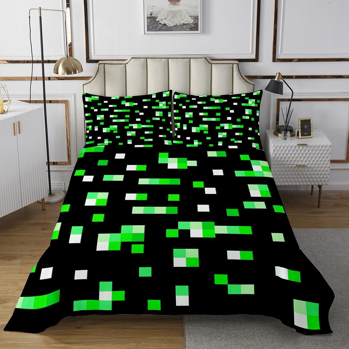 Castle Fairy Green Miner Grid Bedspread Twin Size,Pixelated Blocks Bedding Sets 2Pcs for Kids Girls Boys Room Decor,Geometric Square Comforter Set Pixel Theme Quilt Coverlet,1 Pillowcase