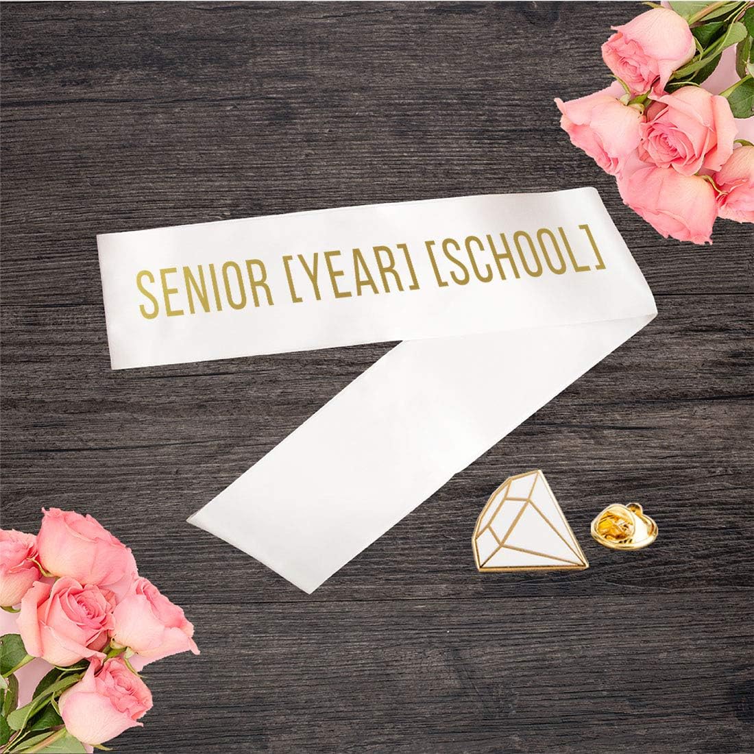 Andaz Press Funny Graduation Party Sash Senior [Year] [School] Gold Foil Custom Personalized Text, Satin White Ribbon, Includes Diamond Pin
