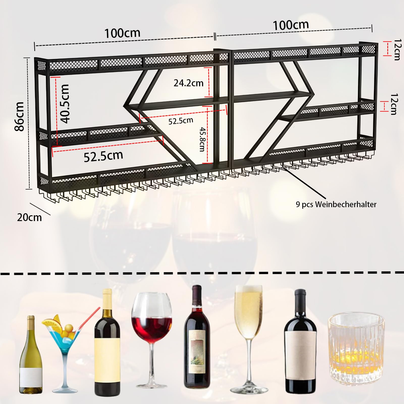 Étagère à vin murale en métal avec éclairage LED et support modulaire pour bouteilles de vin | Cave à vin moderne pour bar à la maison, cuisine, restauration | Support robuste + montage facile