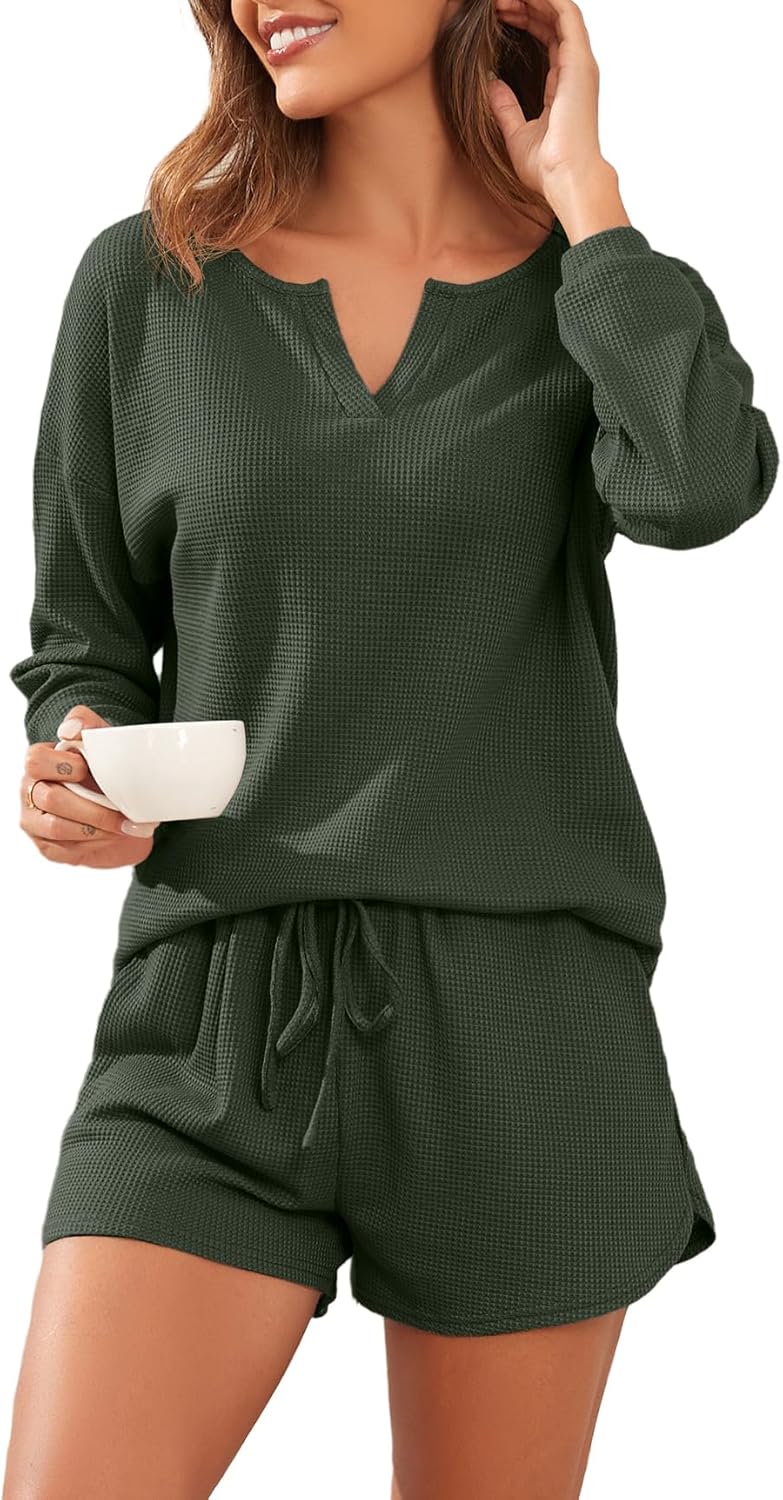 PrinStory Pajamas Set for Women Waffle Knit Lounge Set 2 Piece Outfits Matching Sets Loungewear Sweatsuit with Pockets