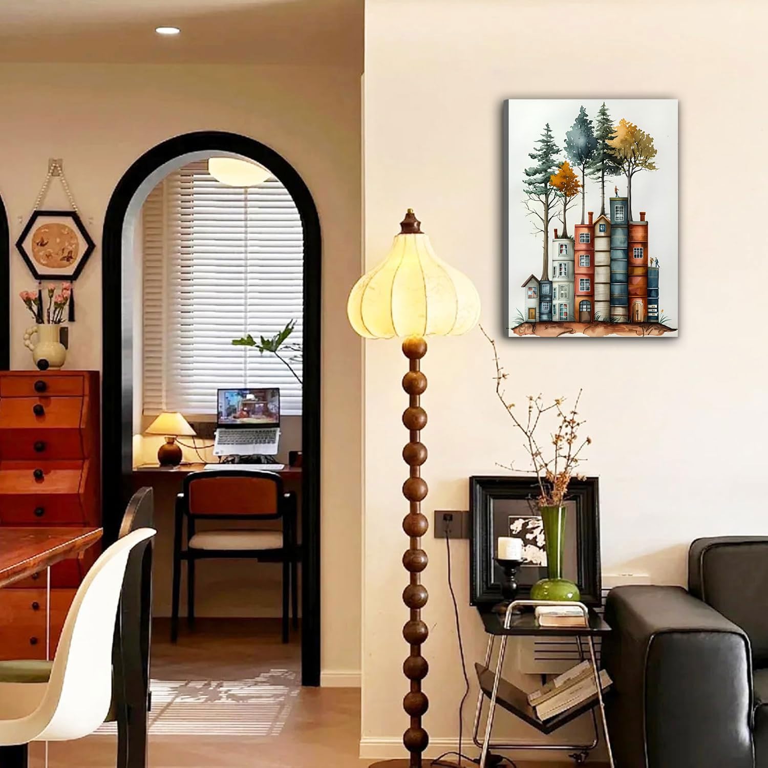 PUUZDGDZ Reading Book Lover's Canvas Wall Art Whimsical Tree House Wall decor pictures Book-shaped house Poster Painting Prints for Gallery Living Room Home Decoration (16inx24in canvas)