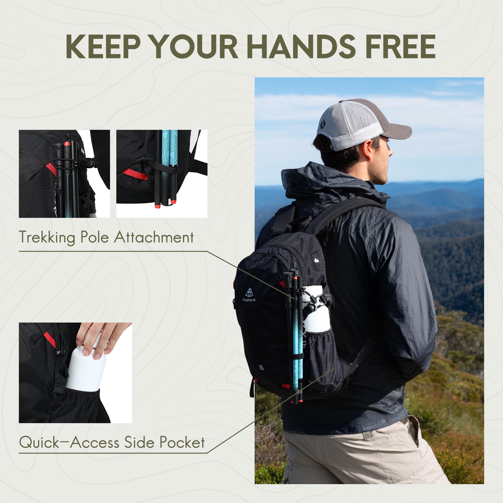 Haimont Sac à dos de randonnée 15 L – Sac à dos ultraléger pour homme et femme, sac à dos résistant à l'eau pour voyage et trekking