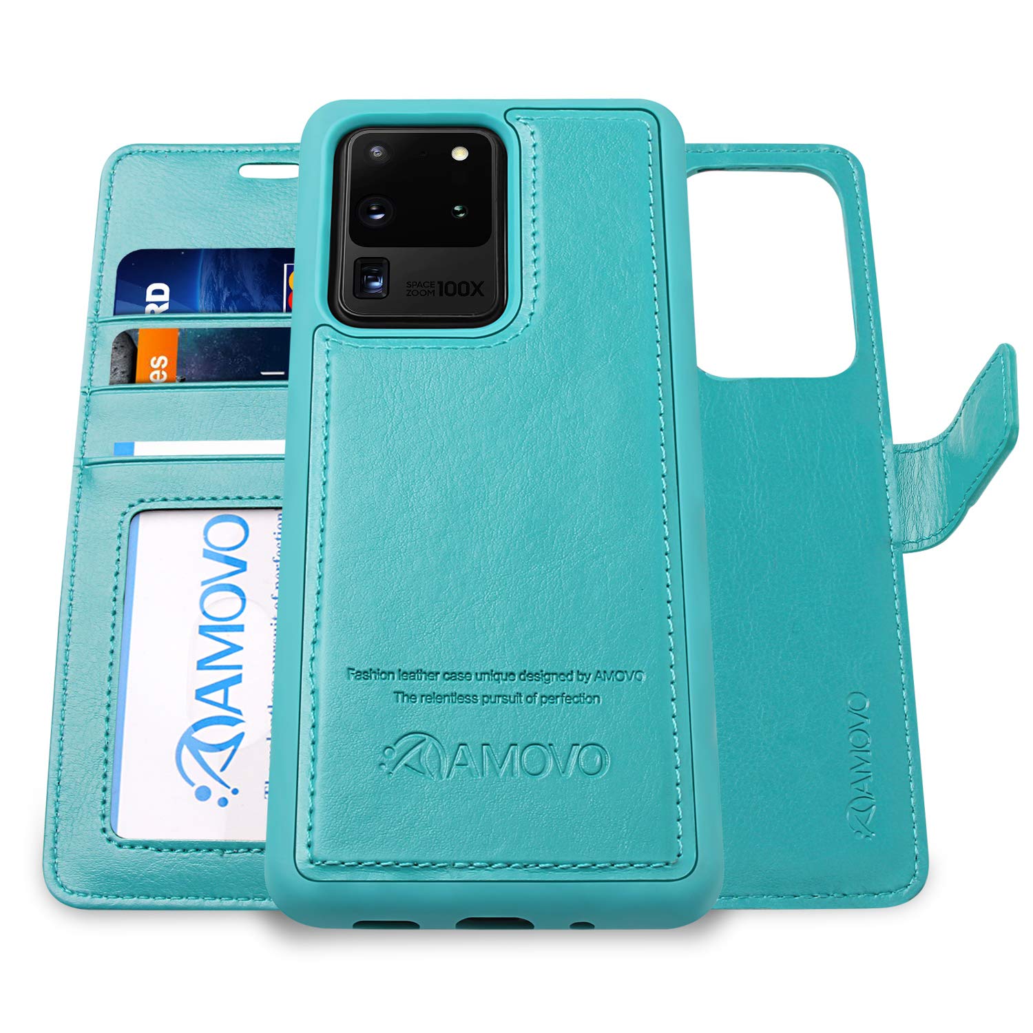 AMOVO Case for Galaxy S20 Ultra (6.9’’) [2 in 1] Samsung Galaxy S20 Ultra Wallet Case Detachable [Vegan Leather] [Wriststrap] Folio Flip Case Gift Box Package (S20Ultra (6.9'') Aqua)