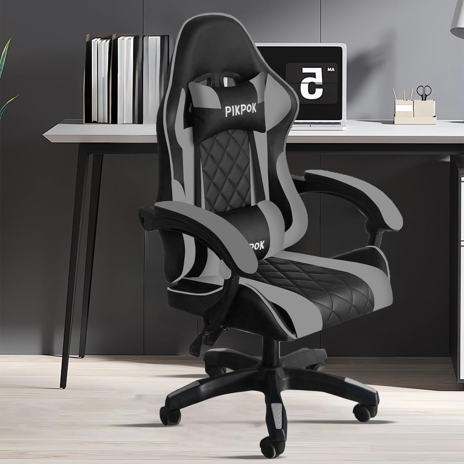 【美品】ゲーミングチェア（黒×グレー）リクライニング・ランバーサポート付き ゲーミングチェア ハイバック リクライニング ロッキング ランバー