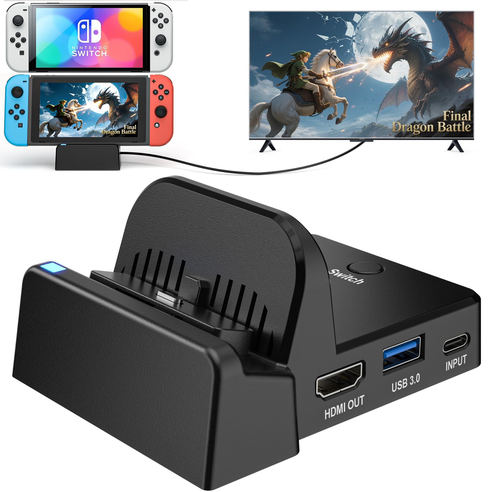VIXLM Station d'accueil TV pour Nintendo Switch/OLED, Station d'accueil Portable avec Adaptateur HDMI 4K, Port de données de Type C, Port USB 3.0, Remplacement de la Station d'accueil Officielle