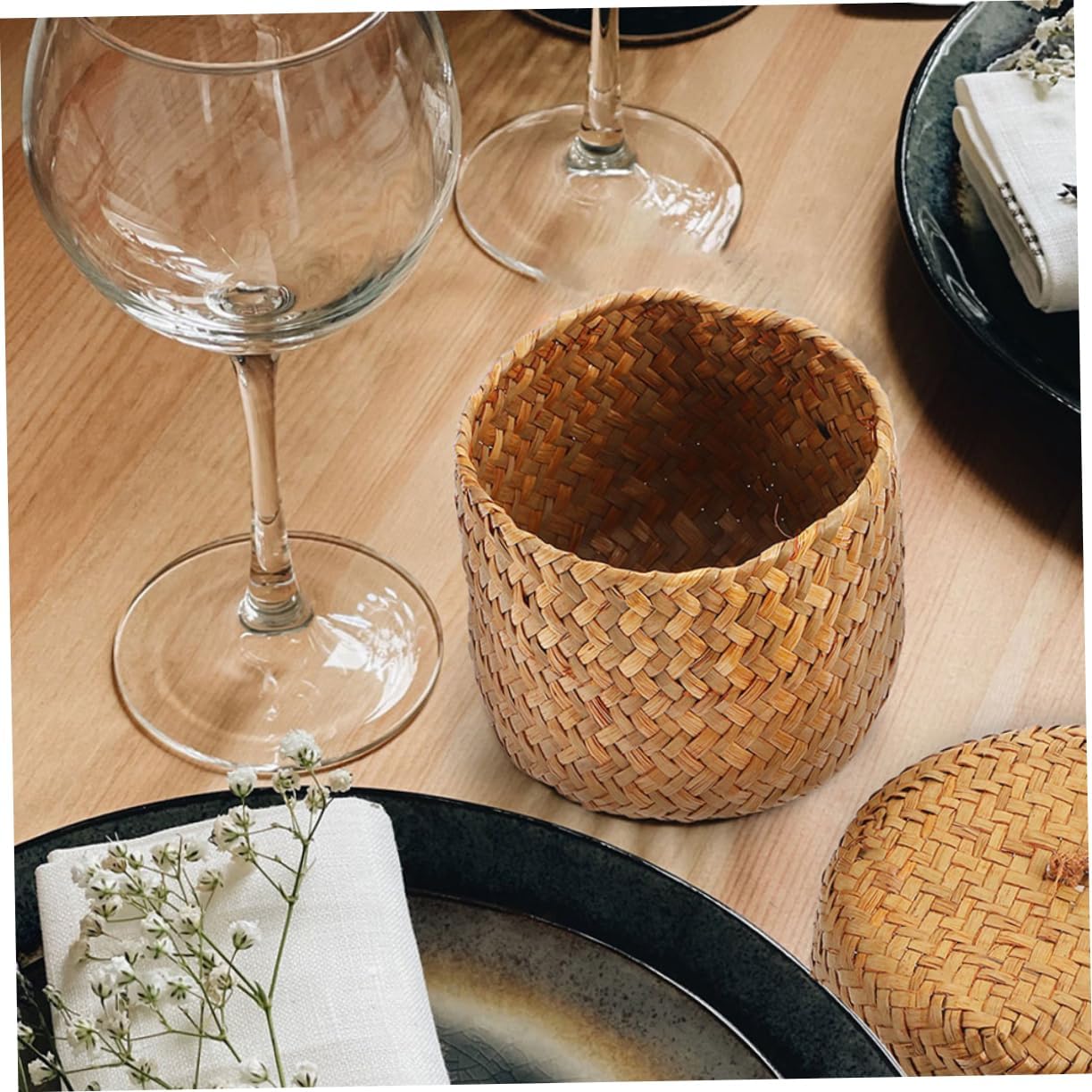 2pcs Organize Style Woven Seagrass Baskets Lid for Wedding Decor Storage