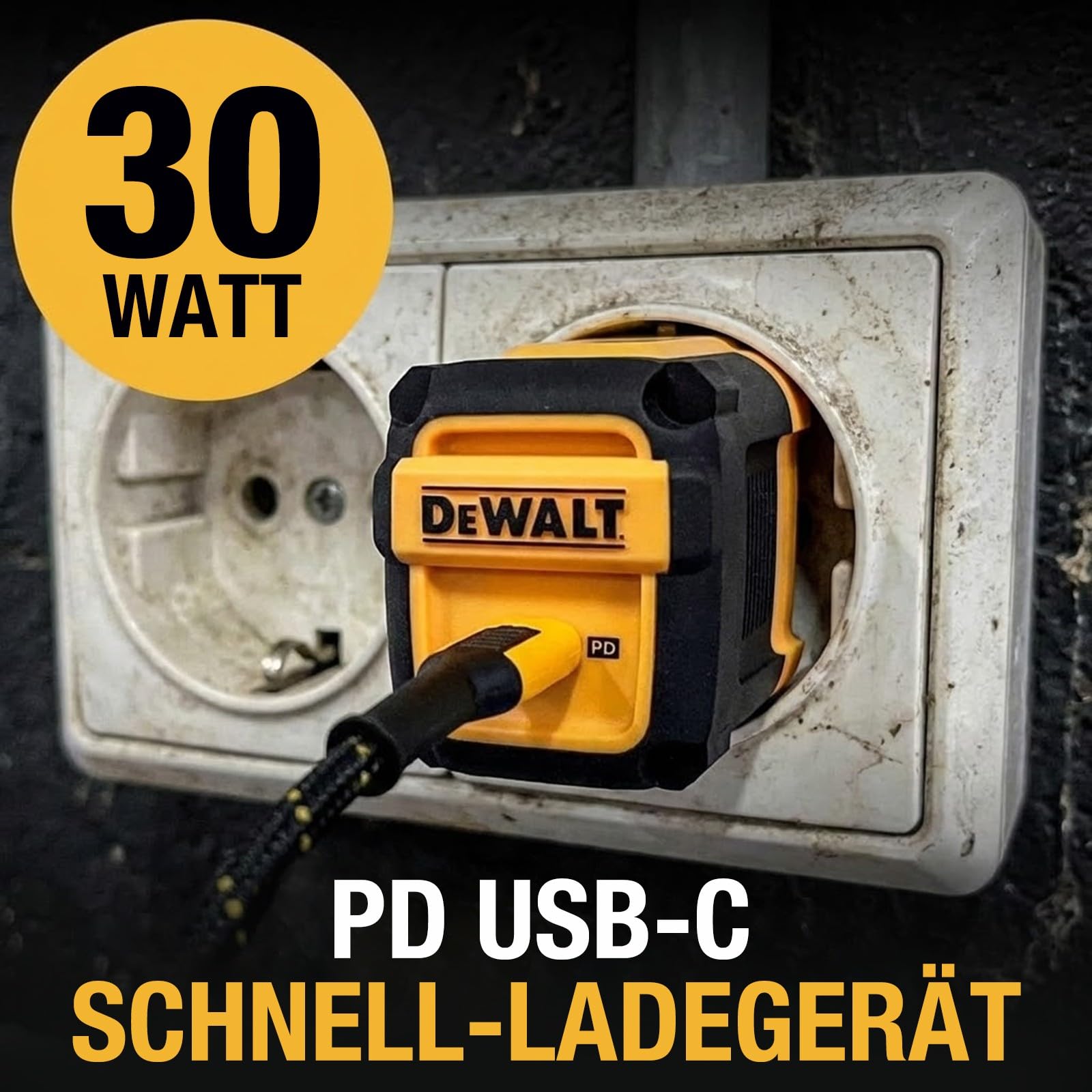 DEWALT Heavy Duty 30W PD USB-C Wandladegerät, Baustellen USB-C Ladegerät, Typ-C Schnellladegerät, EU Stecker, kompatibel mit iPhone 17 16 15 14 13 12 Pro Max iPad Pro