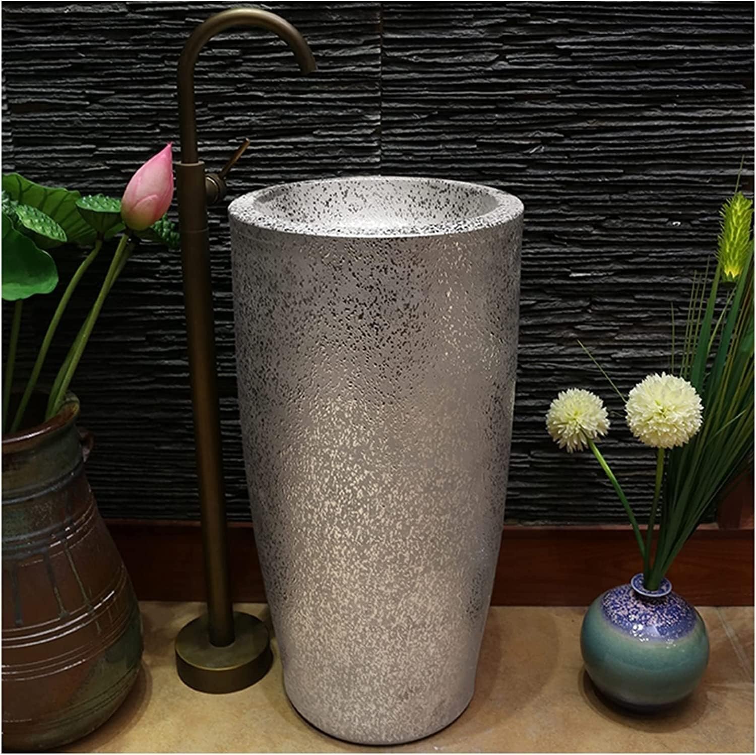 Freestanding Art Pedestal Sink Creative Hotel Sink Pedestal Sink Modern Ceramic Bathroom Basin Sink, Kaolin Clay Pedestal Sink Round Freestanding Sink for Indoor and Outdoor with Drain(G,Without mirro