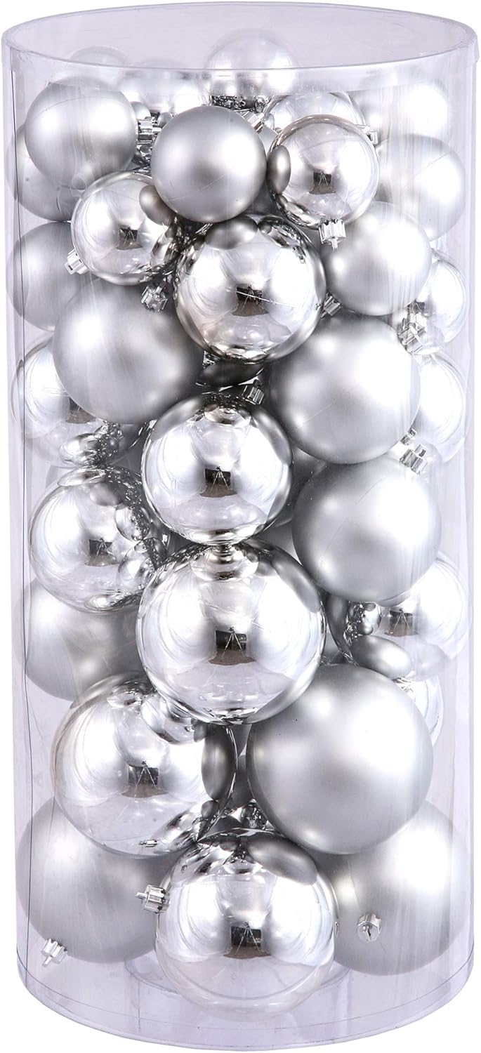 Vickerman Silver Ornament Ball Set Shiny and Matte Finish, Includes 50 Per Box, 1.5 to 2-Inch Variety - Ready to Hang - Variety of Finishes