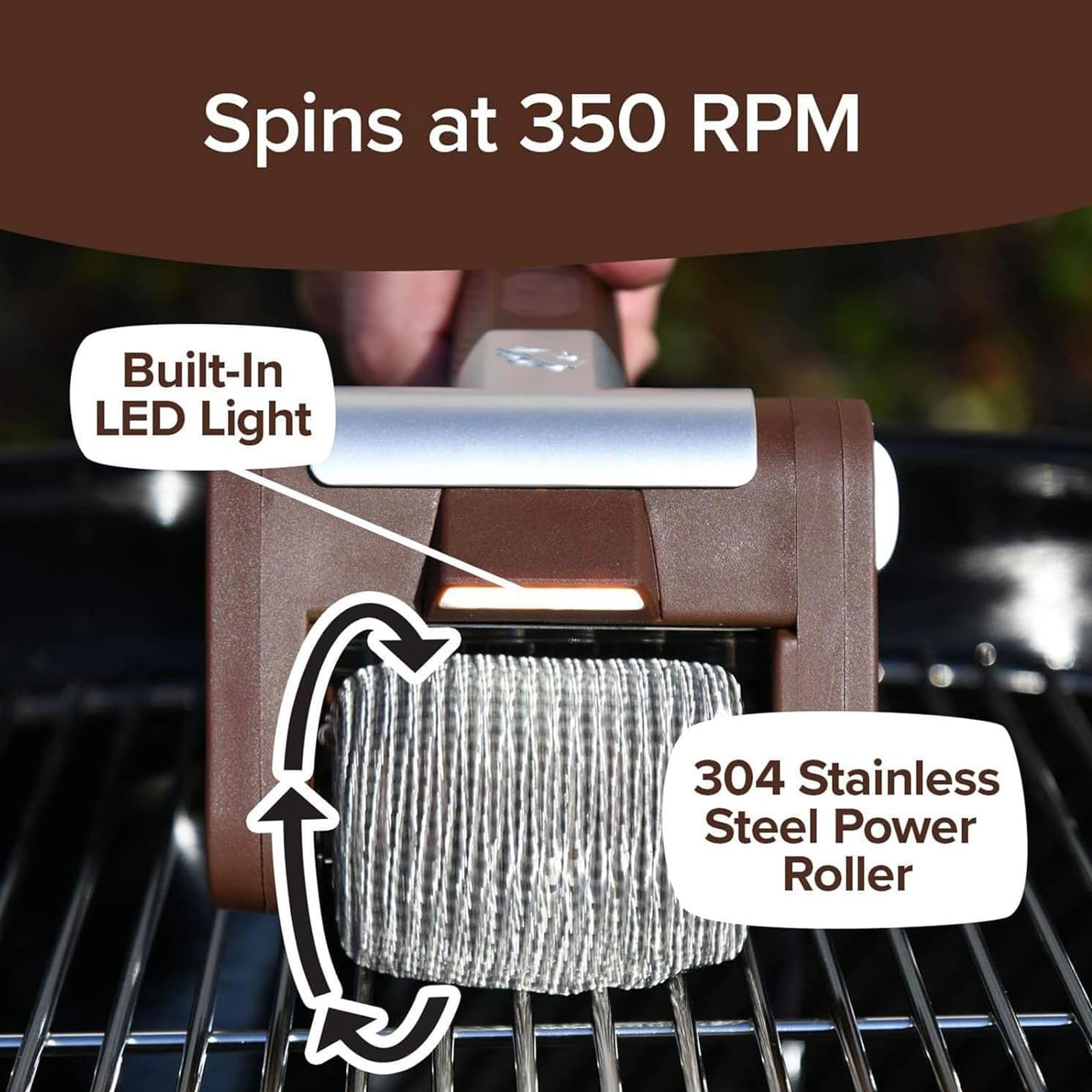 Pulitore elettrico per grill, spazzola rotante senza fili, rullo in acciaio inox per barbecue all'aperto, ad alta velocità, 350 giri/min, confezione da 2